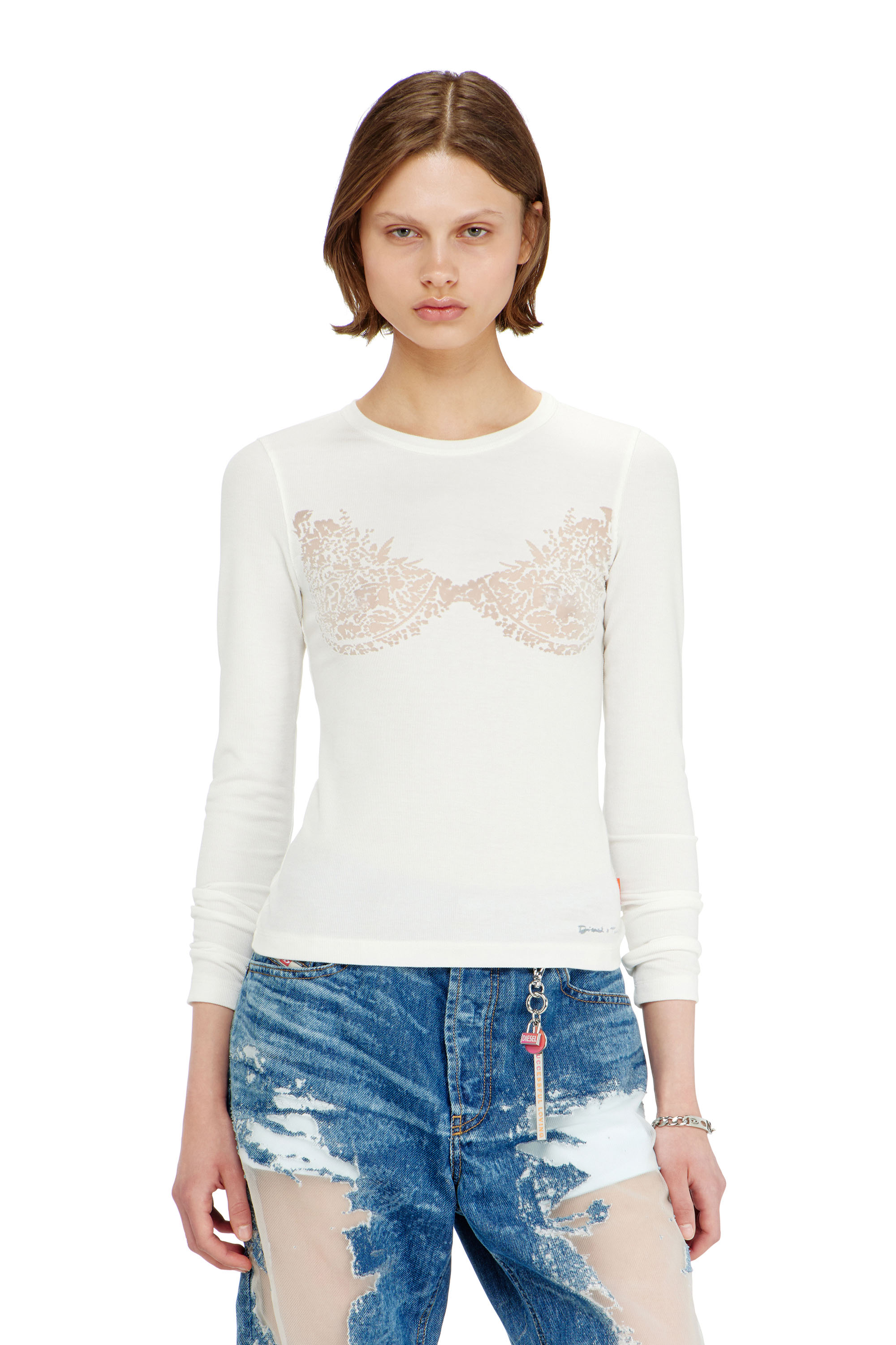 Diesel - PR-T-MOKKI-LS-R, Top con effetto pizzo devor&eacute; Donna in Bianco - 1