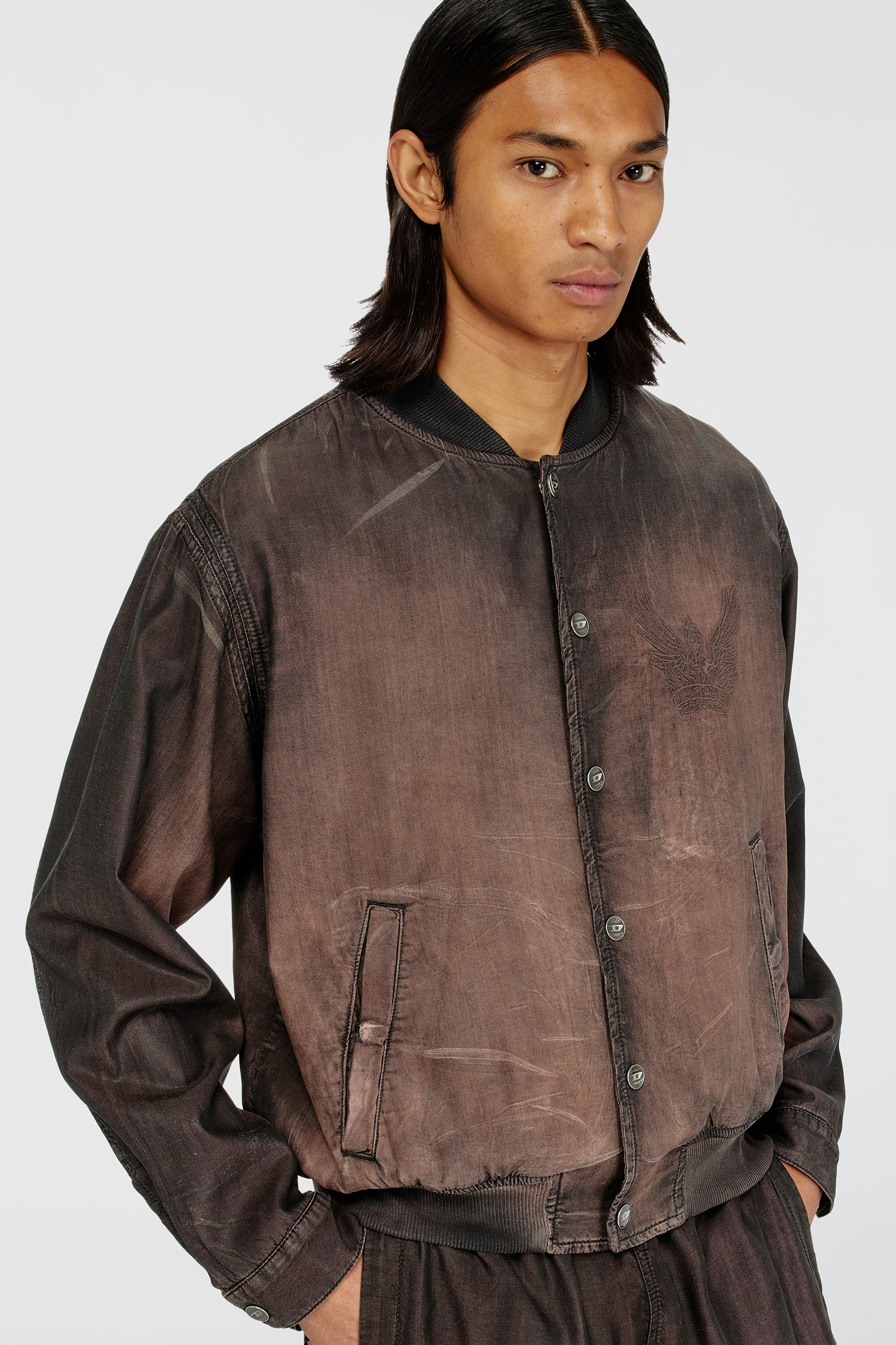 Diesel - D-BELMOR-S, Herren Bomberjacke aus flie&szlig;endem, beschichtetem Denim in Braun - 5