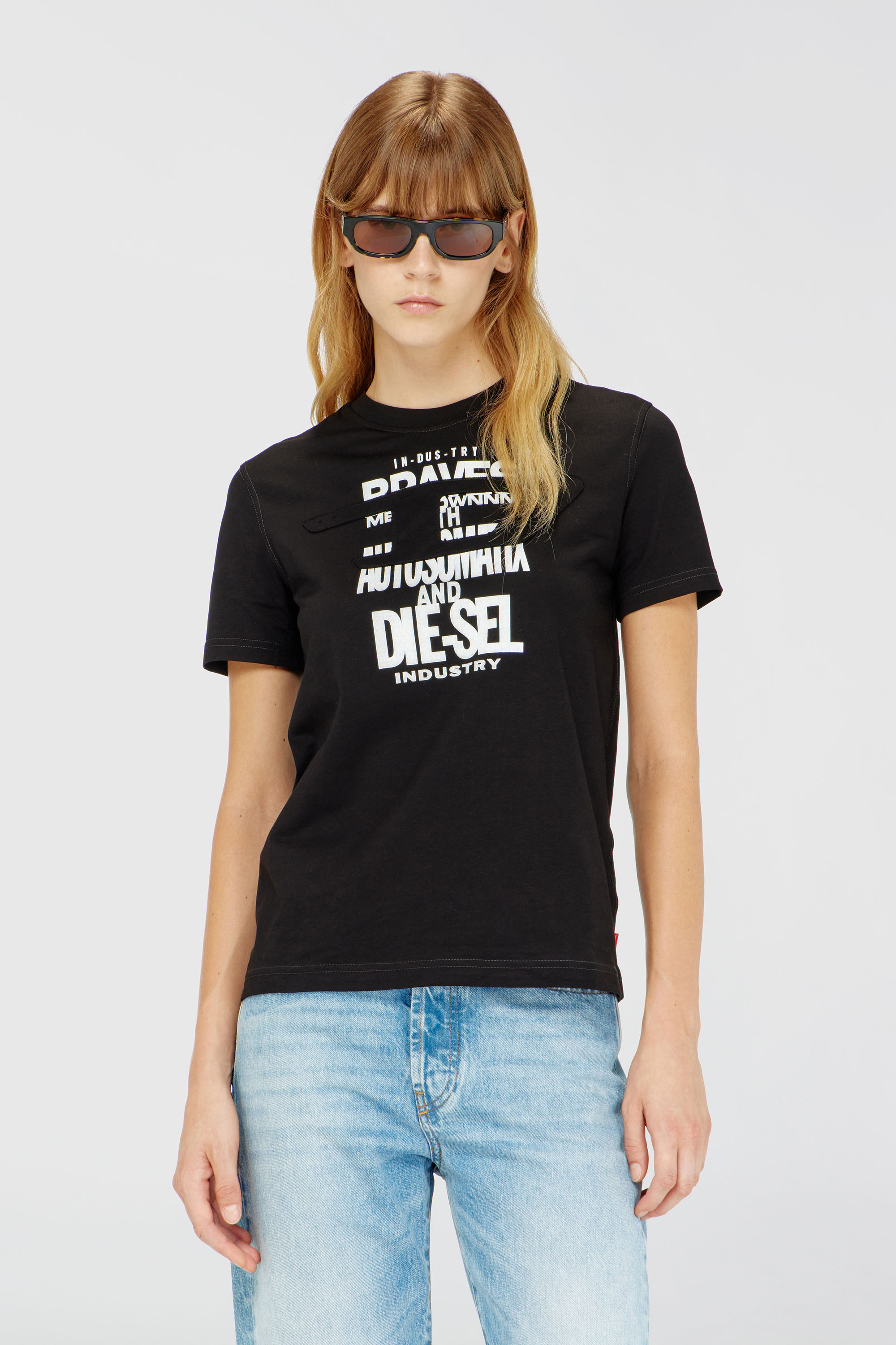 Diesel - T-REG-ZAL-V2, T-shirt in cotone con stampa grafica Donna in Nero - 1