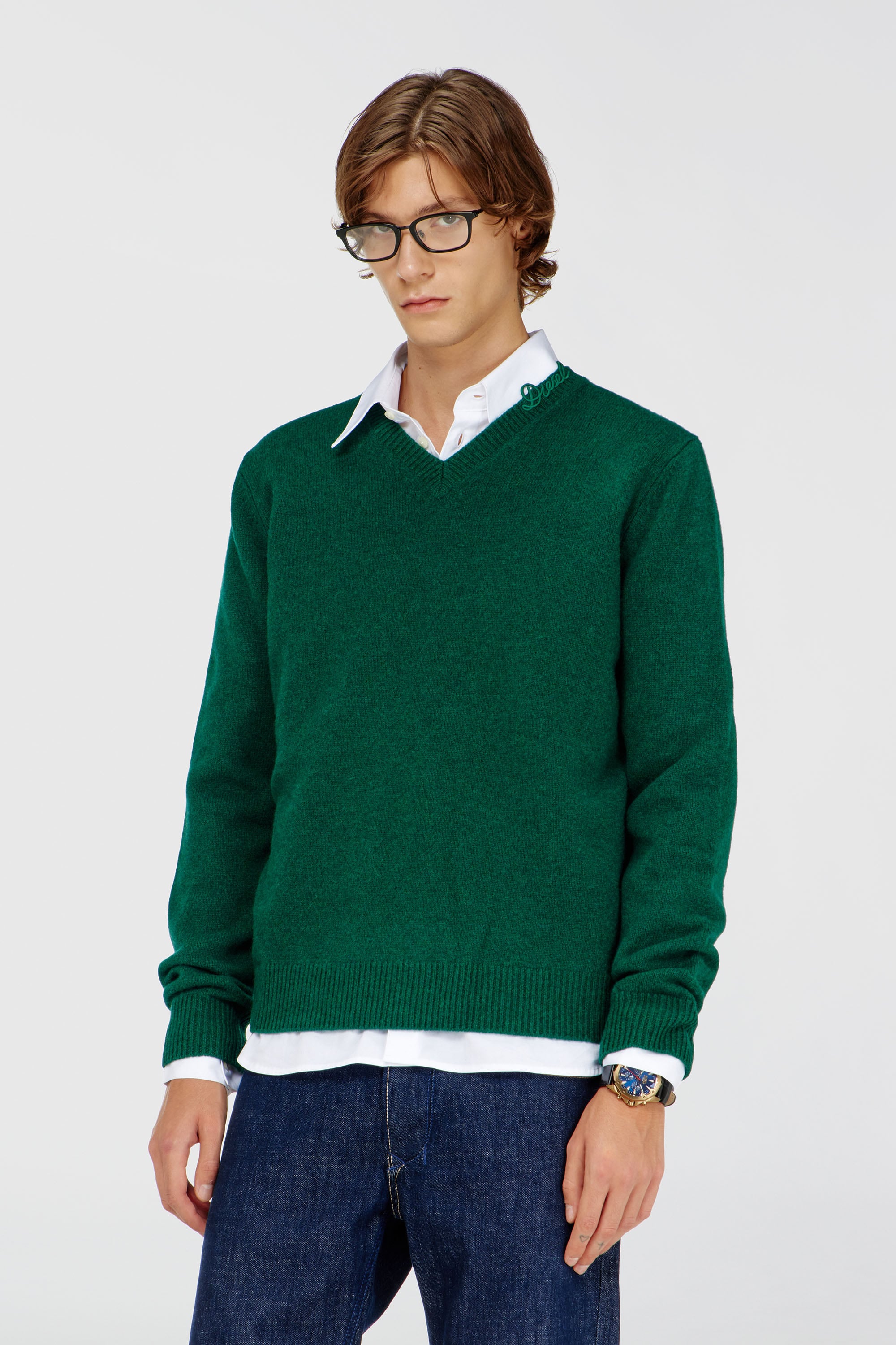 Diesel - K-IMER, Pull en laine col V avec logo sur le col Homme in Vert - 1