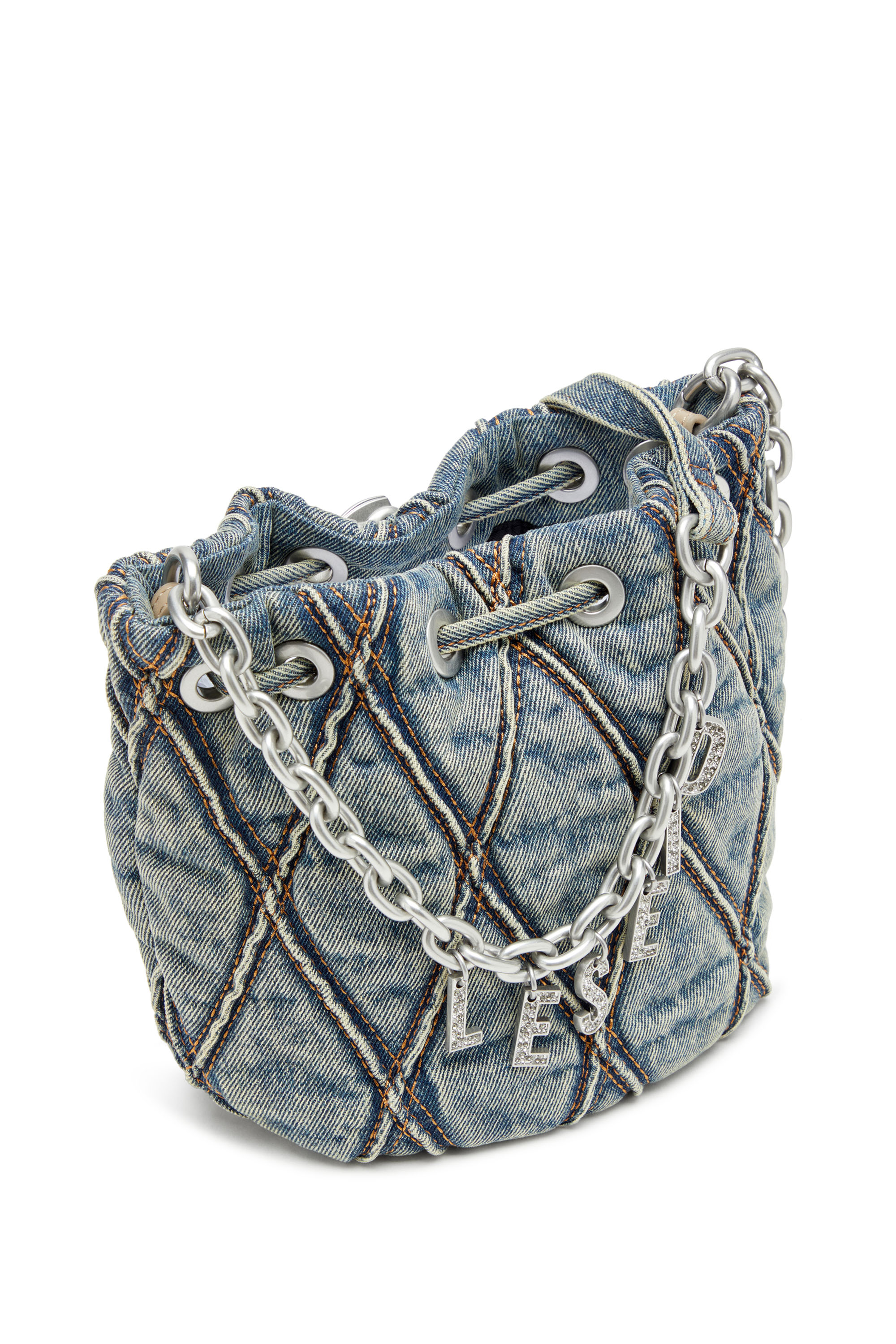 Diesel - CHARM-D BUCKET S, Charm-D S-Mini sac seau en denim matelass&eacute; &agrave; motif losange Femme in Bleu - 6
