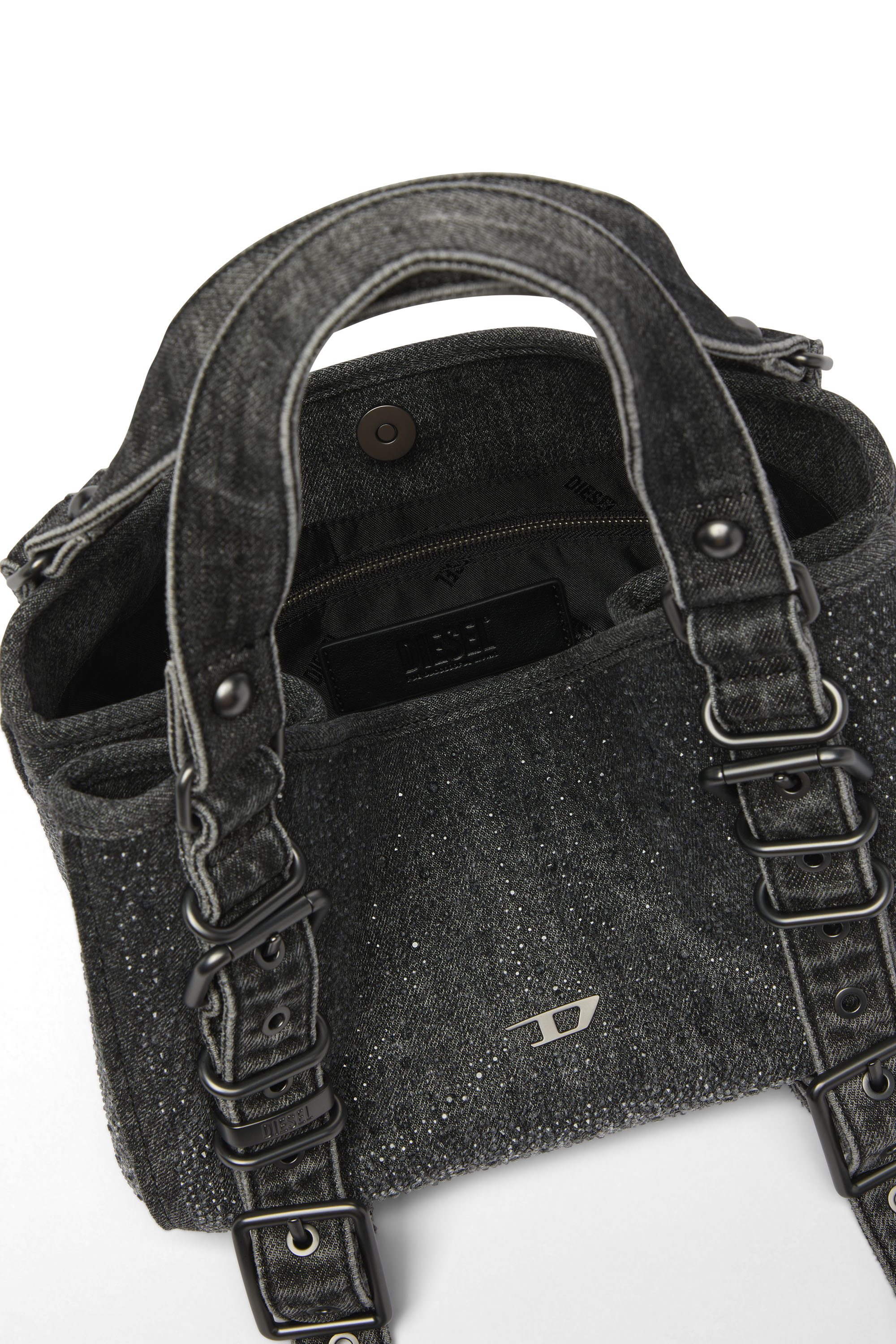 Diesel - D-ONE TOPHANDLE S, Damen D-One-Small Henkeltasche aus solarisiertem Denim mit Kristallen in Schwarz - 4