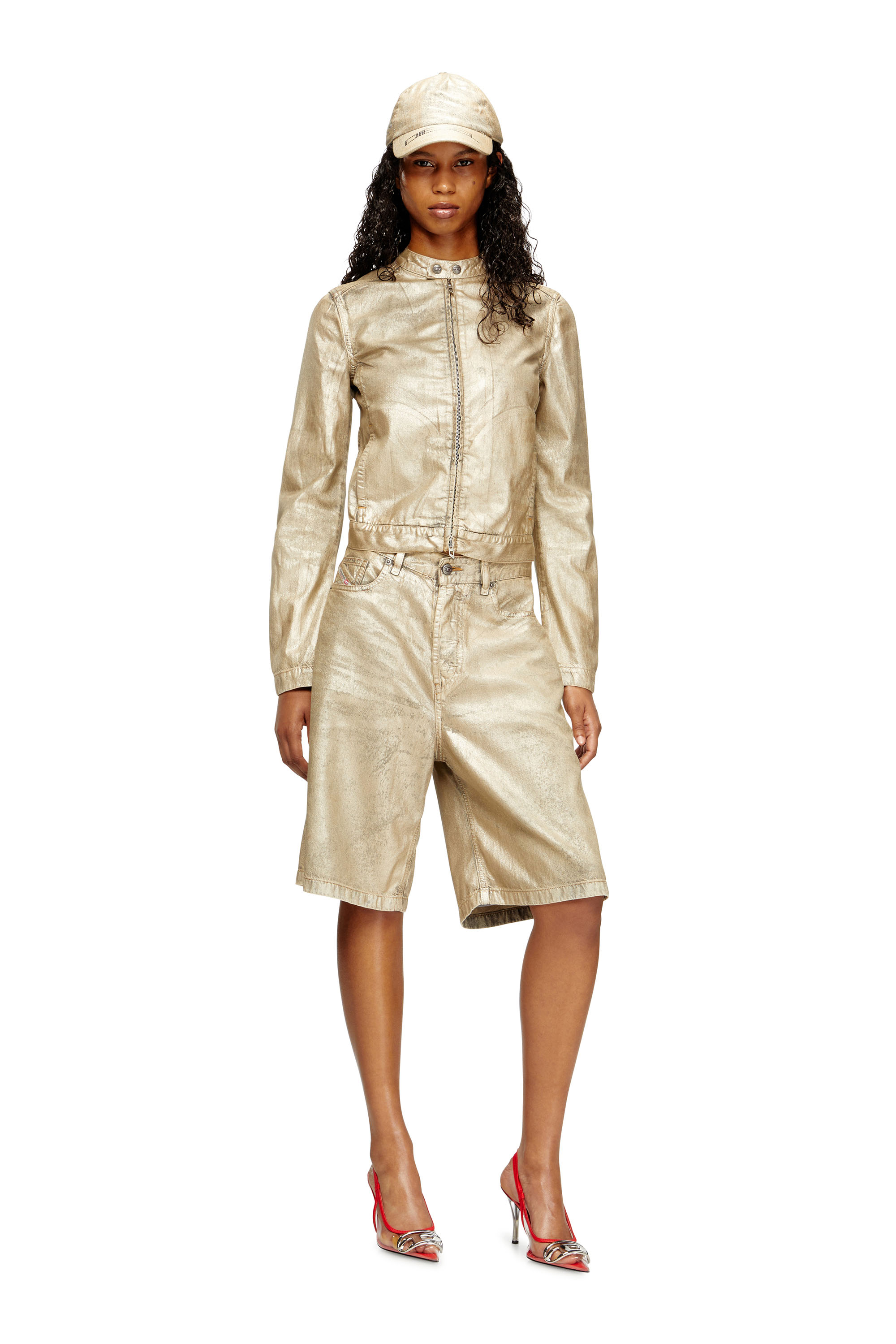 Diesel - DE-MORNIN-KG, Veste motard en denim métallisé vieilli Femme in Doré - 1