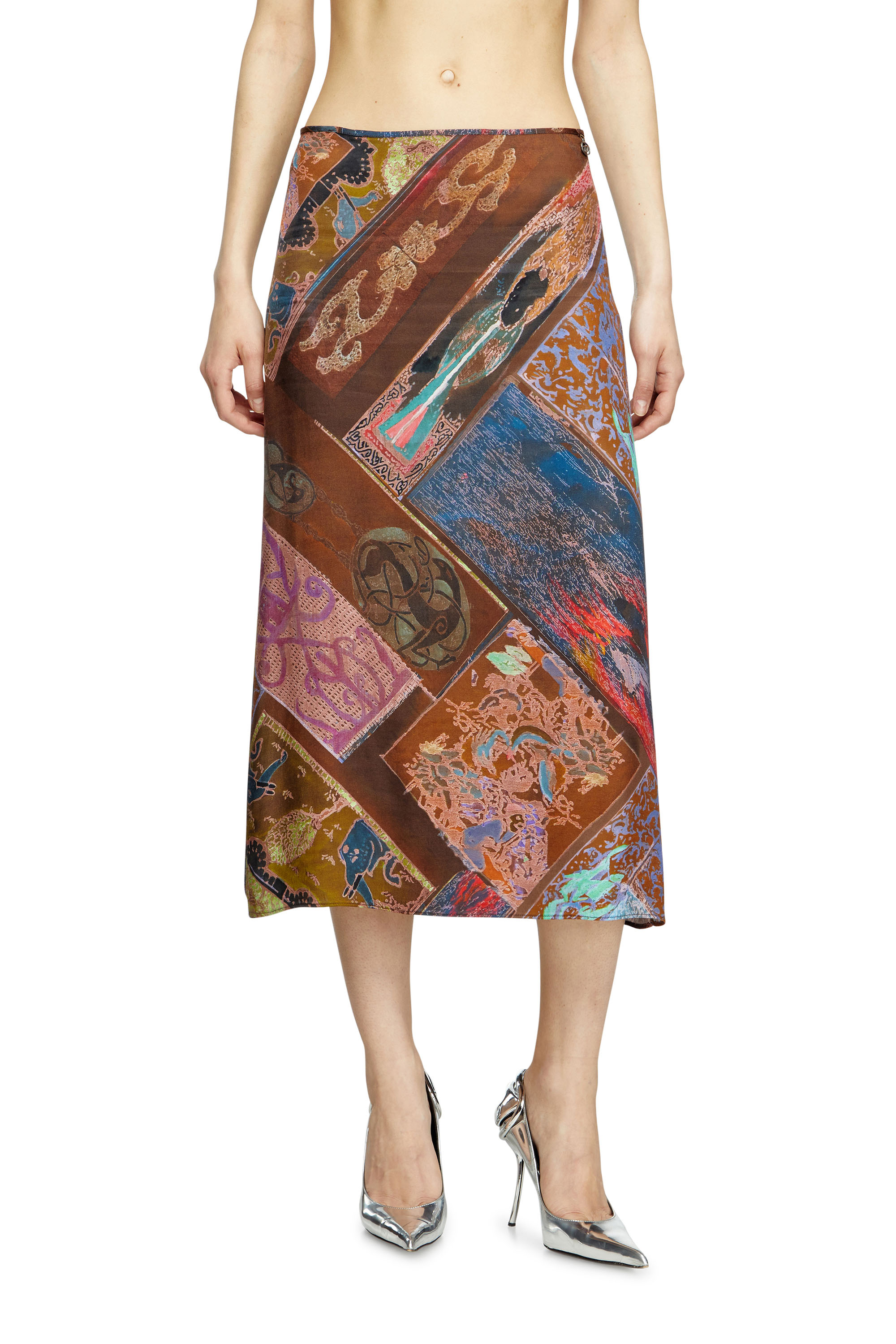 Diesel - O-RCHID, Damen Midi-Rock aus Viskose mit Wappen-Print in Braun - 1