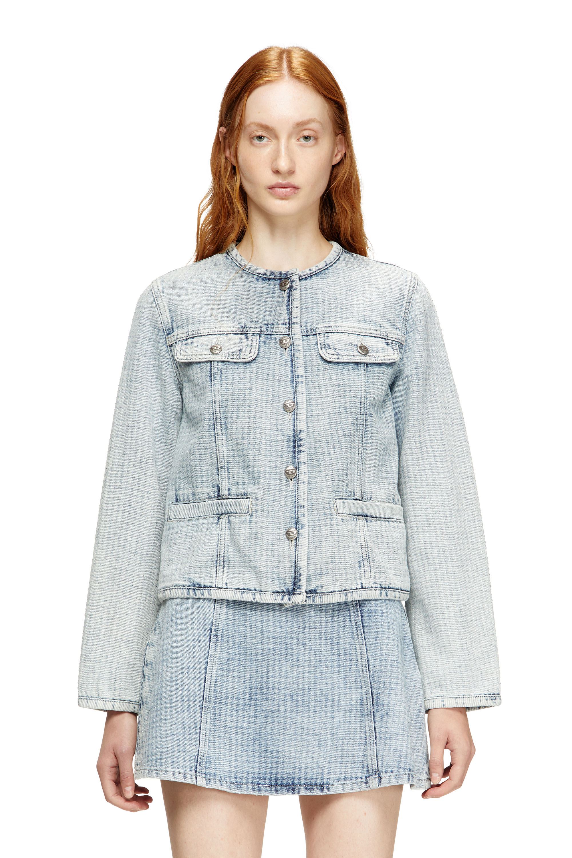 Diesel - DE-GRAFY-S, Damen Jacke aus grafischem Denim mit Kristallen in Hellblau - 1