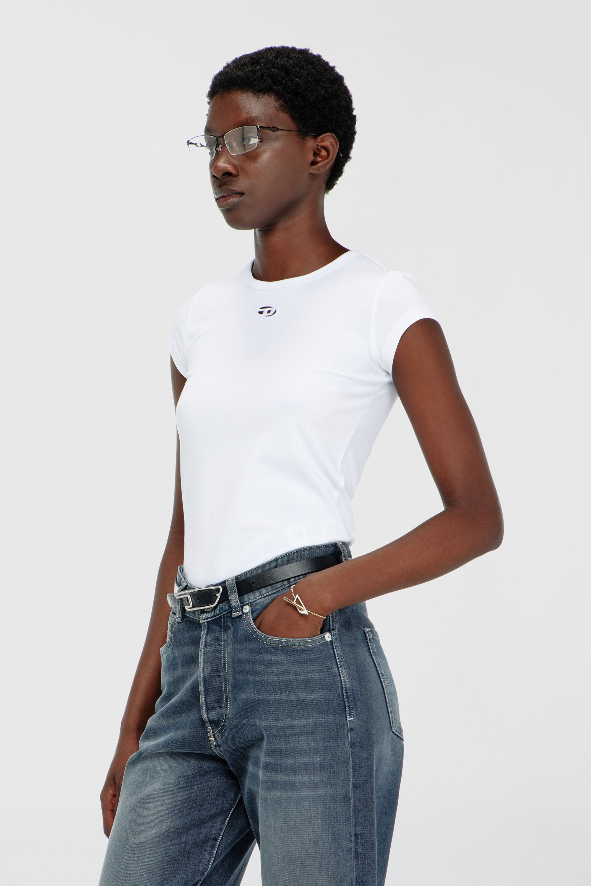 Diesel - T-ANGIE-OD, Woman's T-shirt with cut-out embroidered logo in White - 3