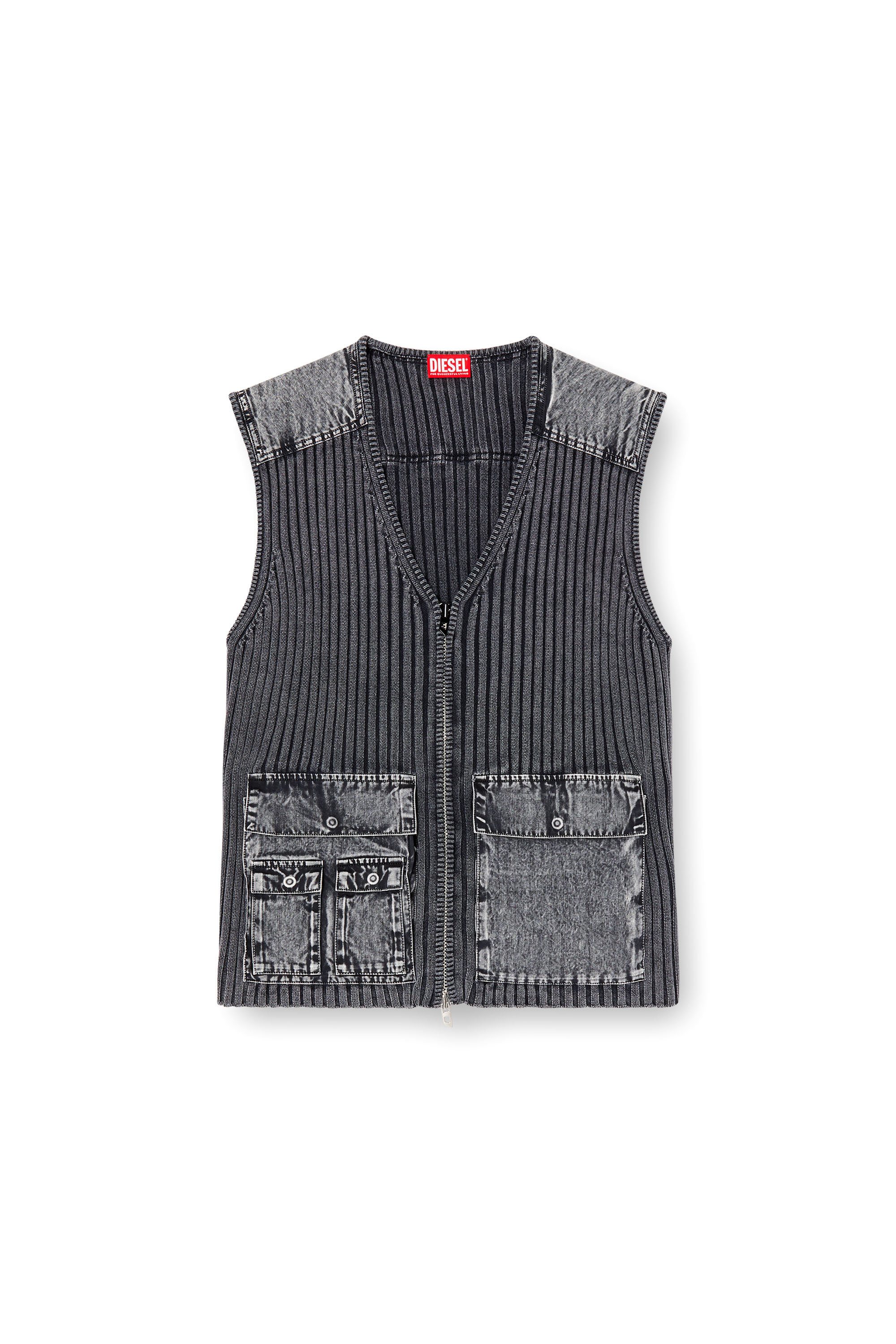 Diesel - K-MARGIE, Gilet utilitaire en maille côtelée et denim Homme in Gris - 3