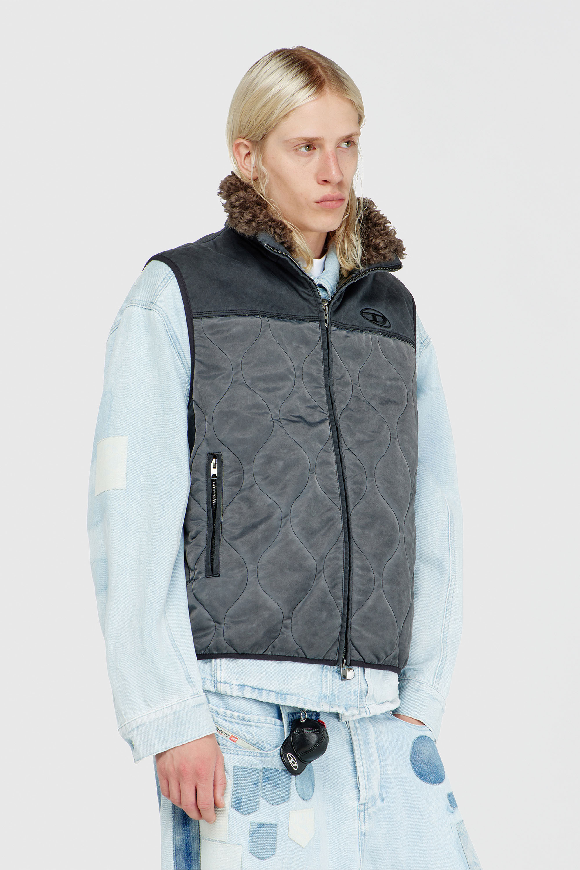 Diesel - J-ALVAR, Man's Quilted vest with fluffy neck lining in Dark grey - 1