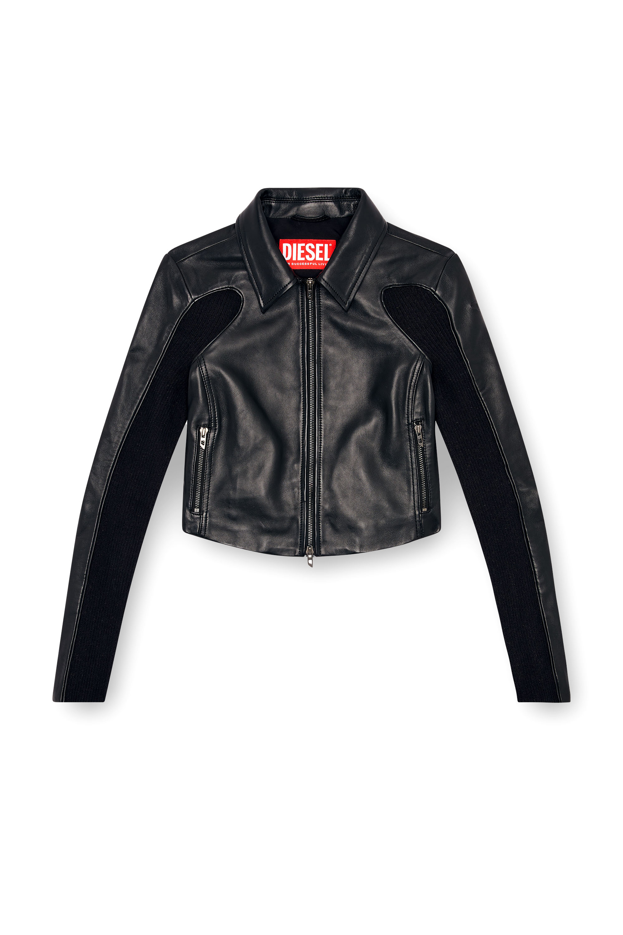 L-TOTEM-P1, Nero Diesel - L-TOTEM-P1, Giacca cropped in pelle con inserti in maglia Donna in Nero - 2