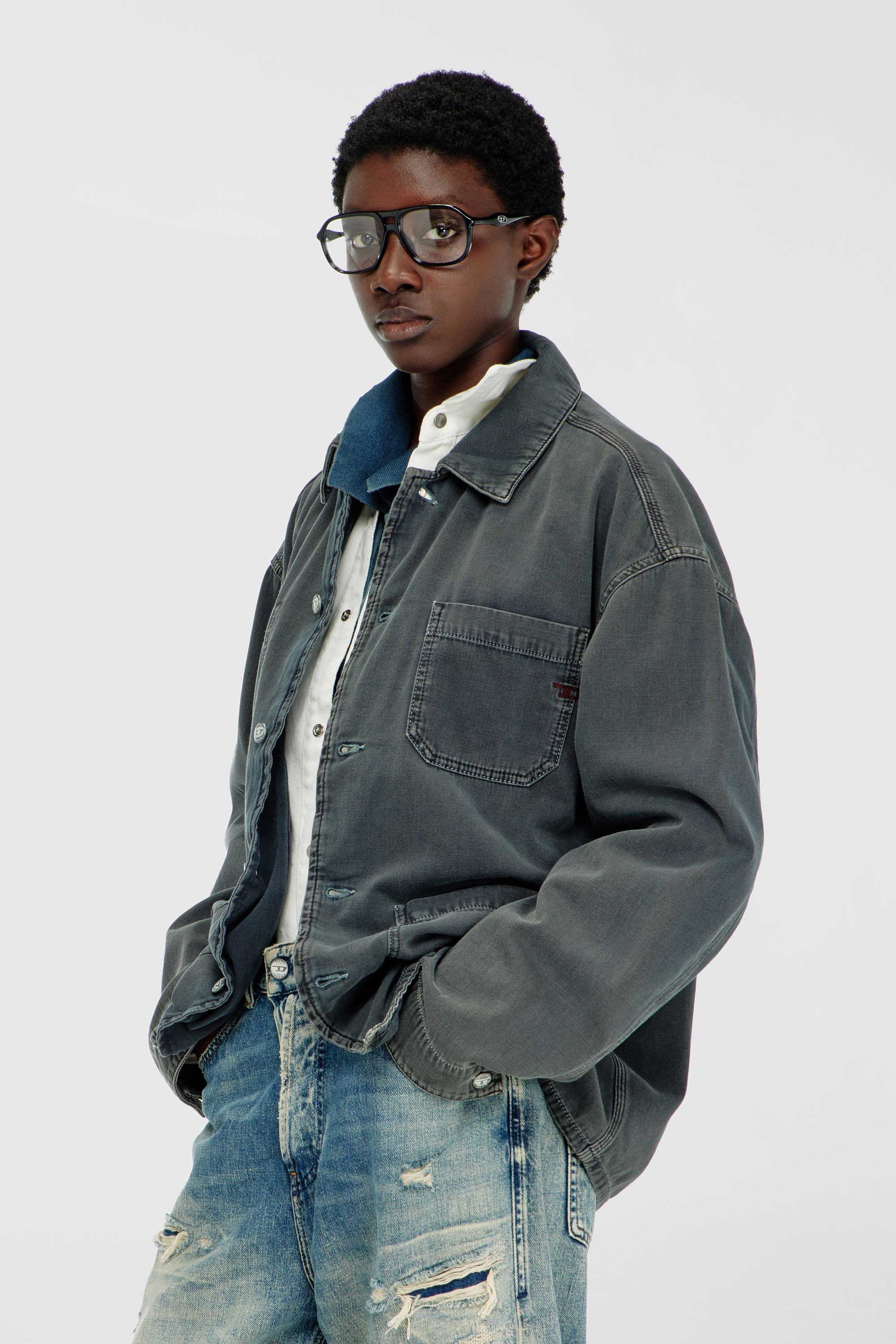 Diesel - D-STACK-U, Veste style utility en denim color&eacute; Mixte in Gris - 1