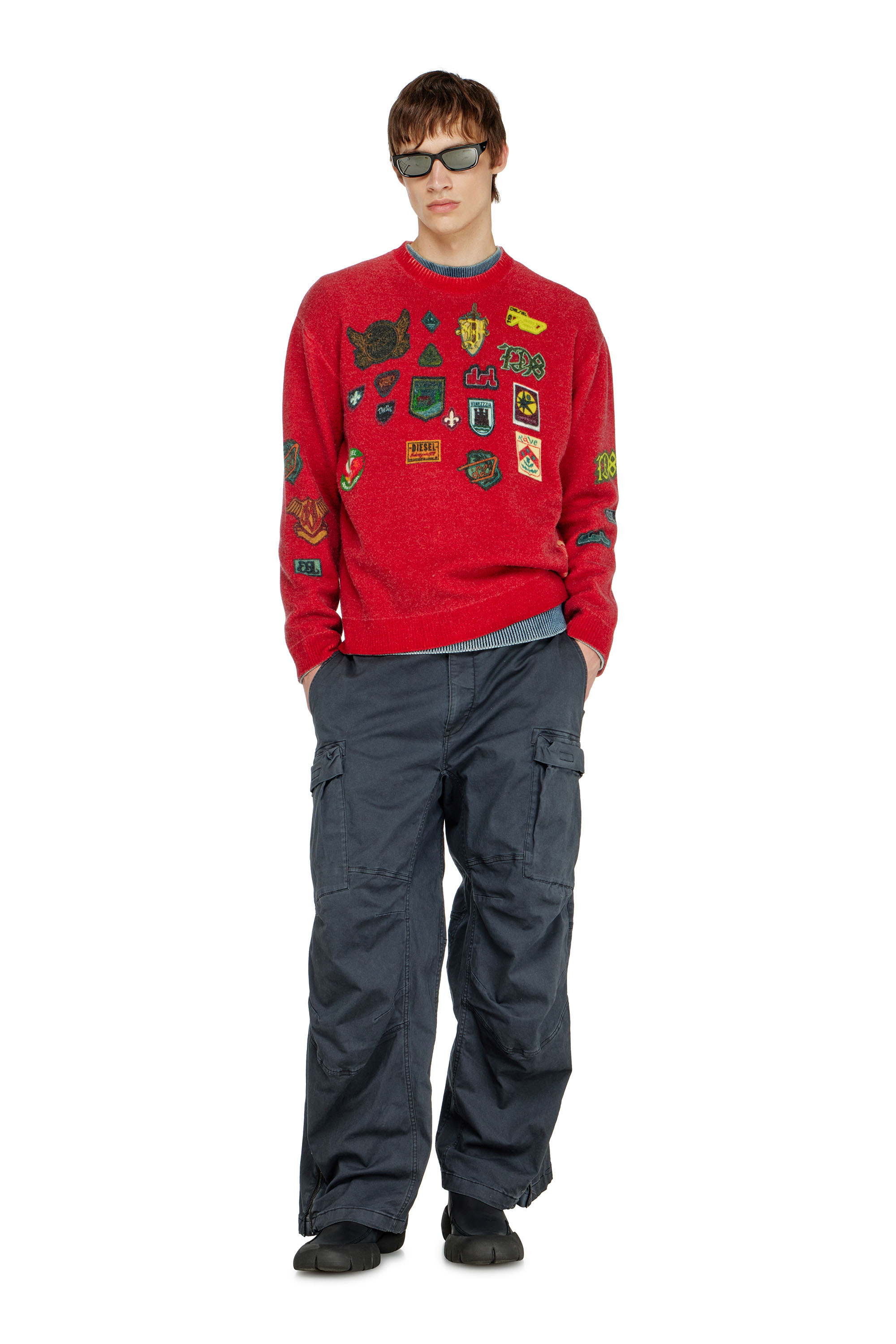 Diesel - K-PATCY, Pull en laine avec patchs imprim&eacute;s Homme in Rouge - 1