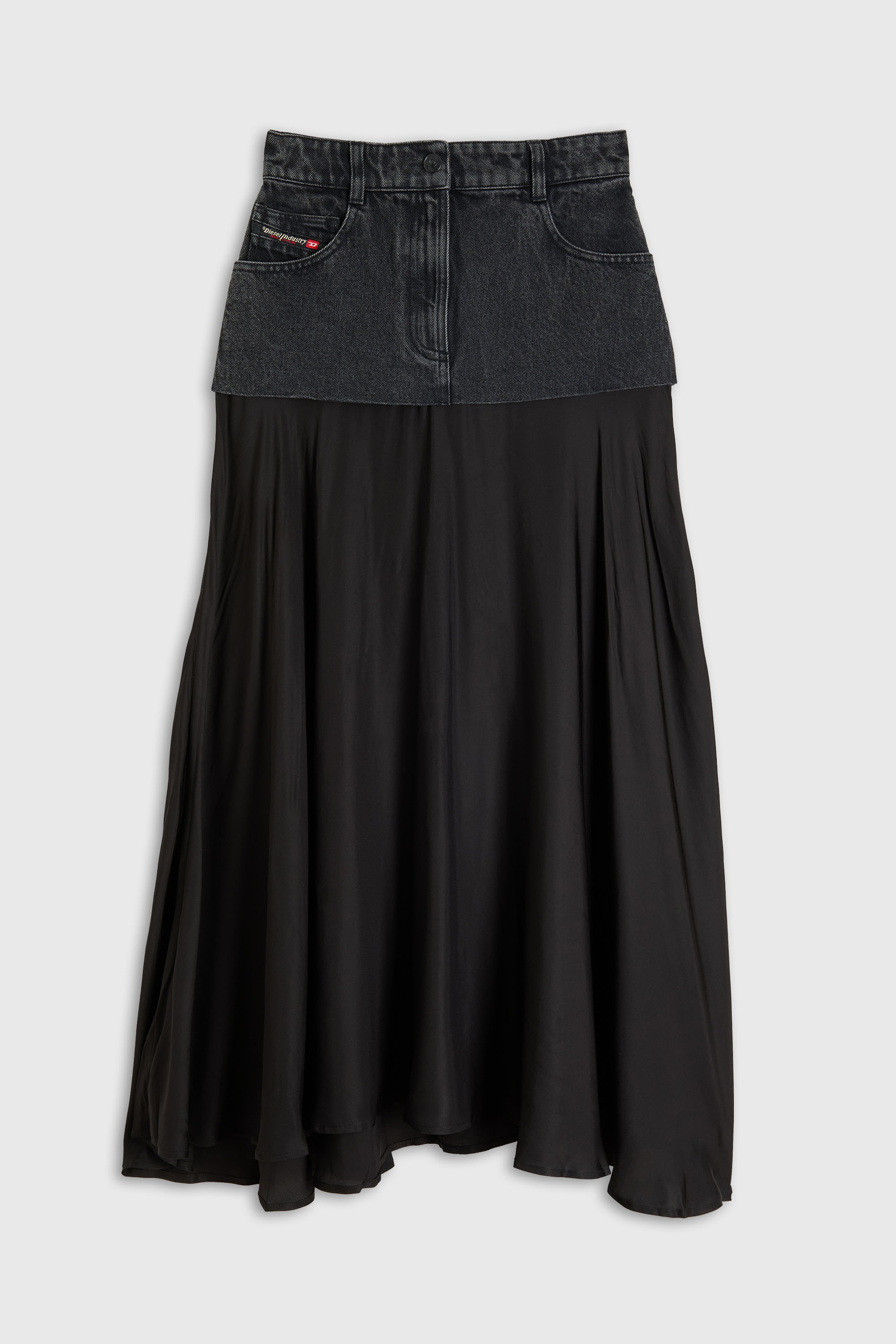 Diesel - O-RIONE, Jupe midi &agrave; empi&egrave;cements denim-satin Femme in Noir - 2