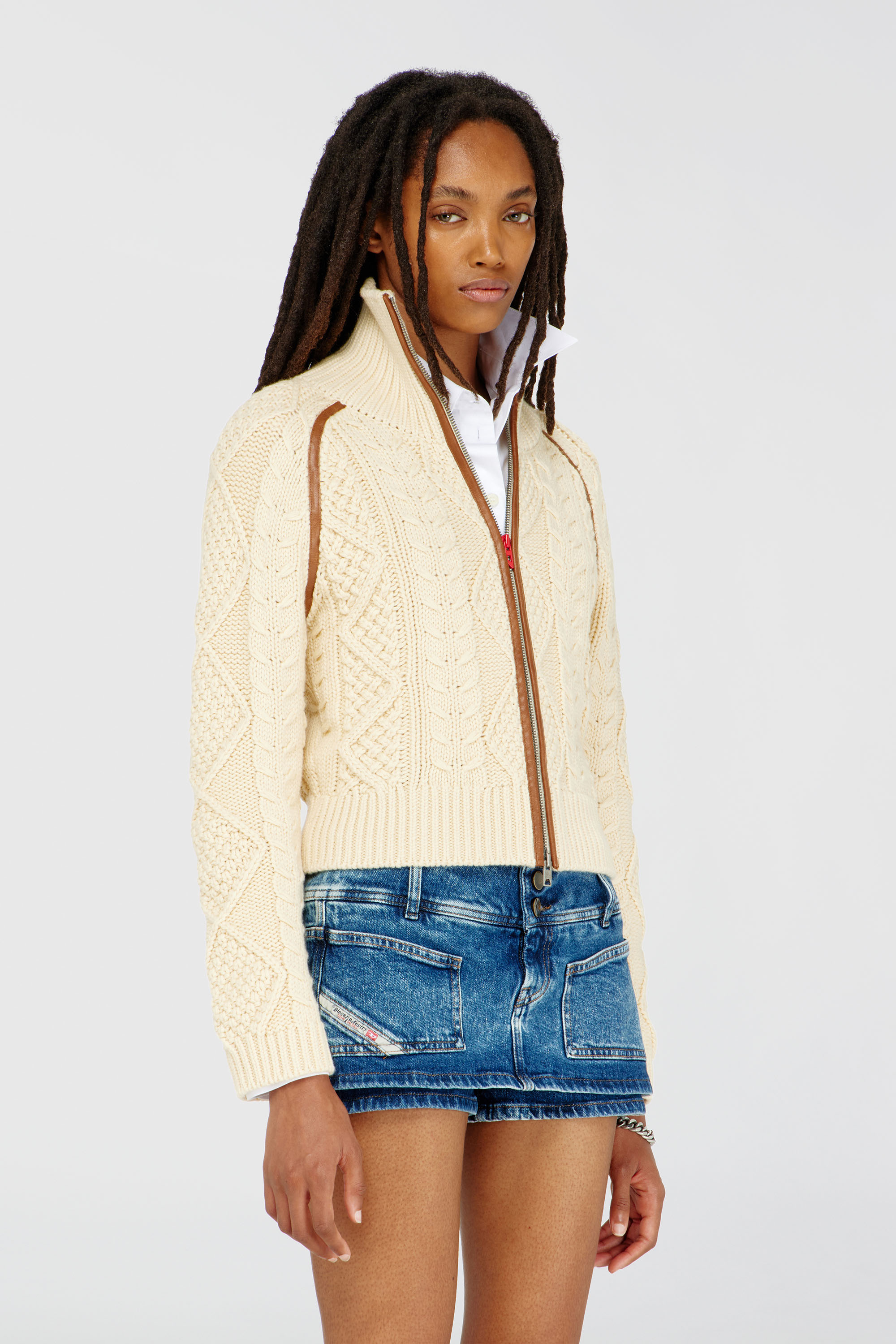 Diesel - M-INTELLE, Cardigan a trecce con bande a contrasto Donna in Beige - 3