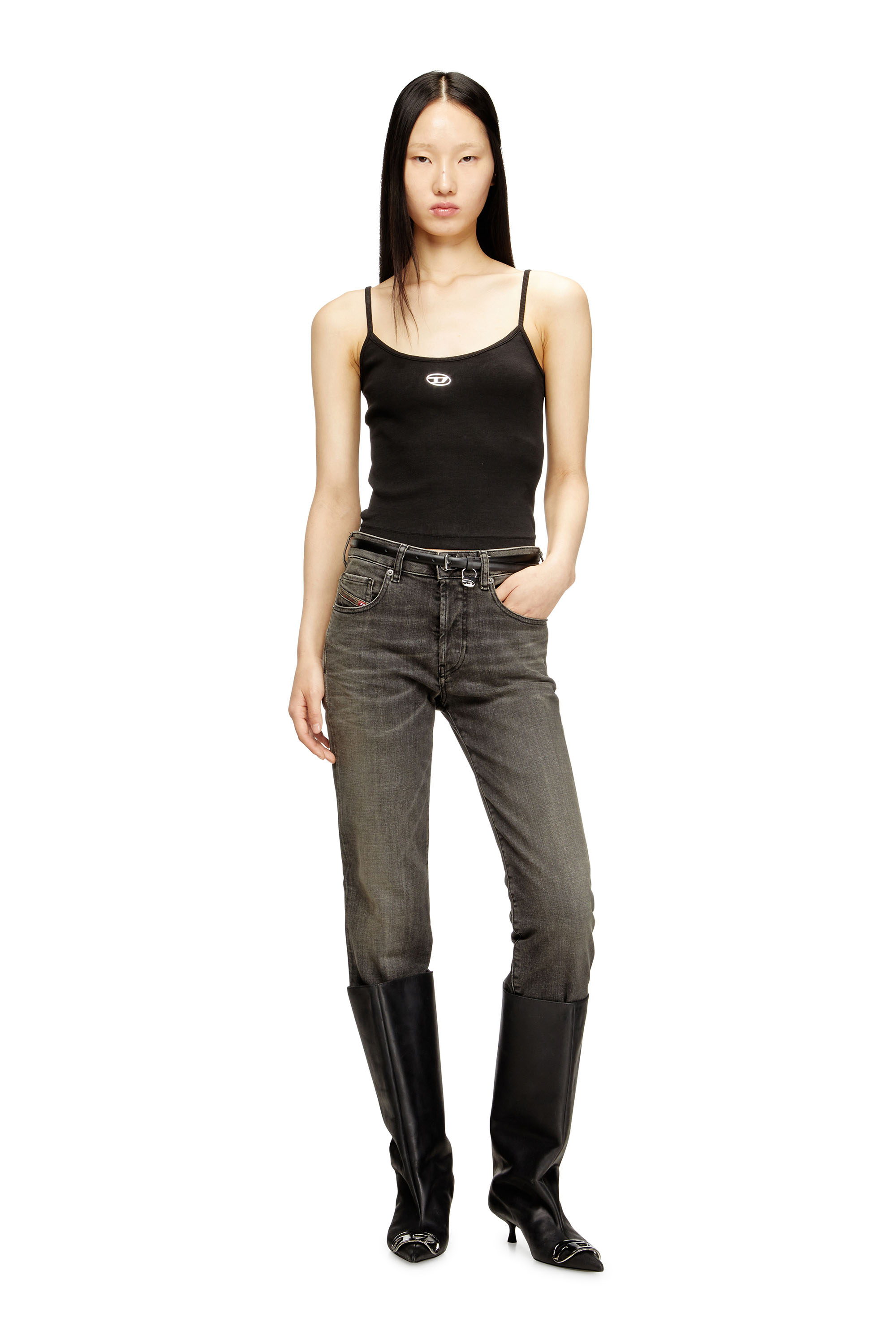 Diesel - T-HUPY-OD, Damen Rippen-Top mit metallicfarbenem Oval D in Schwarz - 2