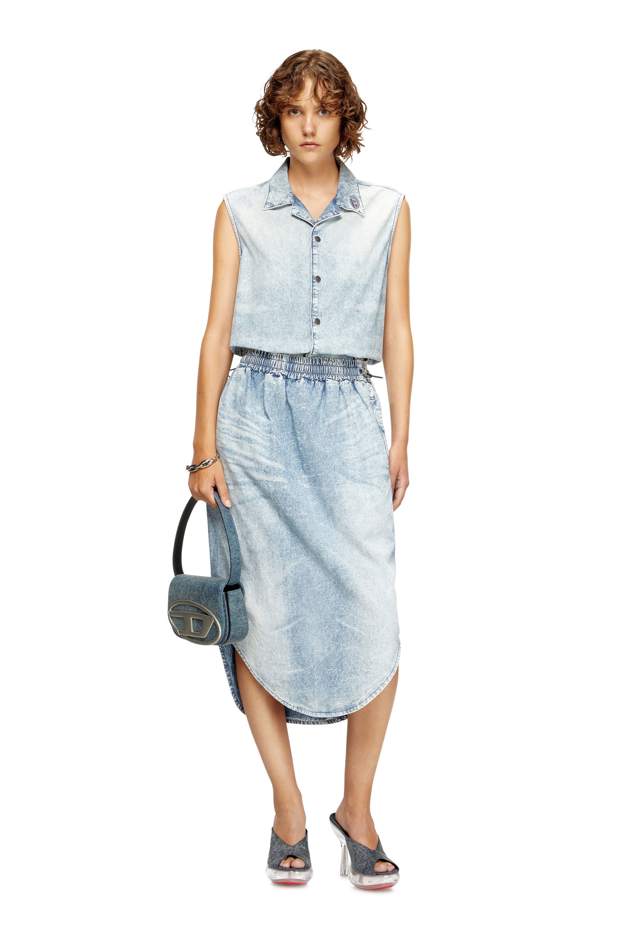 Diesel - DE-ASHLEY-S, Jupe midi en denim marbré Femme in Bleu - 2