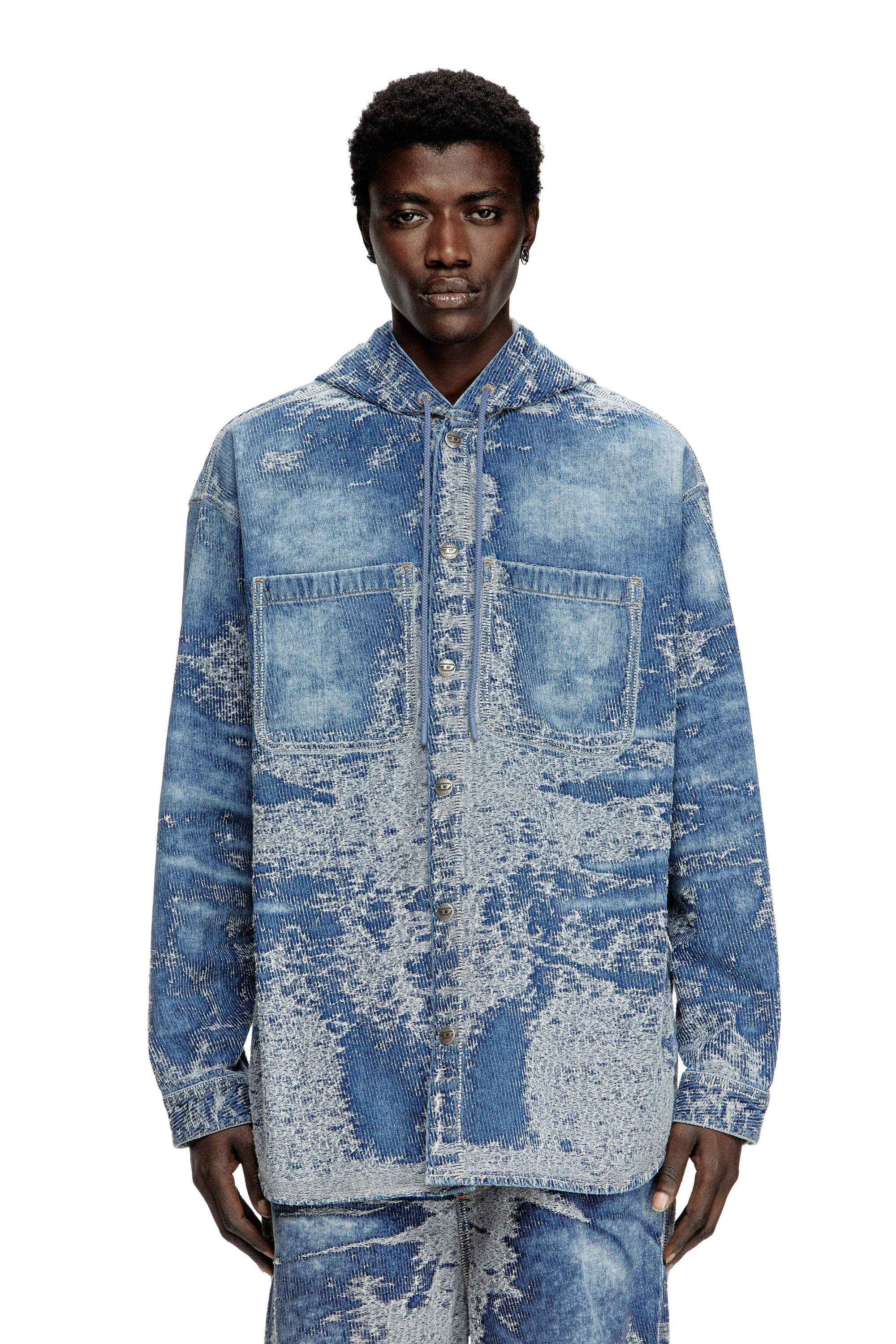 Diesel - D-DEWNYS-HOOD-S, Surchemise en denim jacquard effet vieilli Homme in Bleu - 6