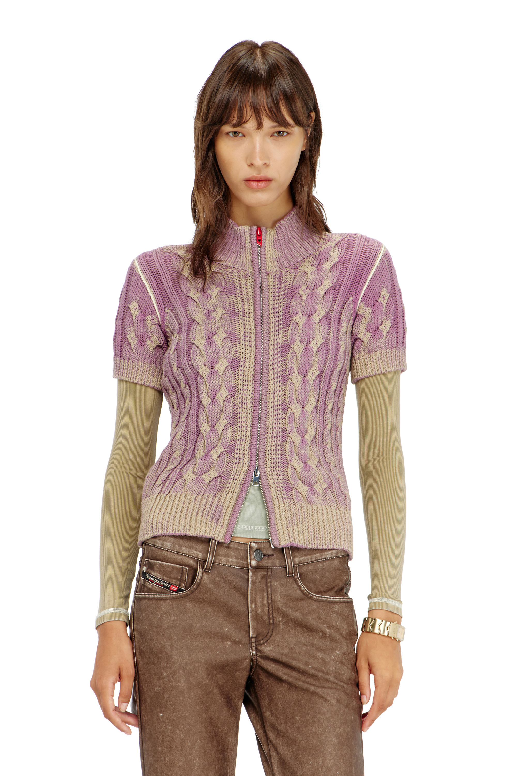 Diesel - M-ELANA, Cardigan &agrave; manches courtes zipp&eacute; en maille torsad&eacute;e Femme in Polychrome - 1