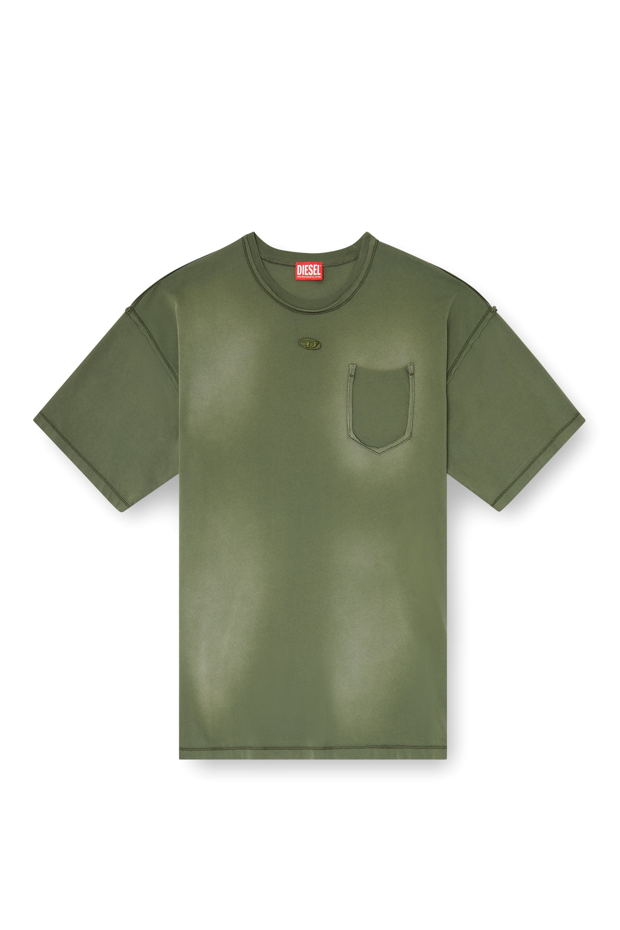Diesel - T-POCK, T-shirt effet d&eacute;lav&eacute; avec poche d&eacute;chir&eacute;e Homme in Vert - 3