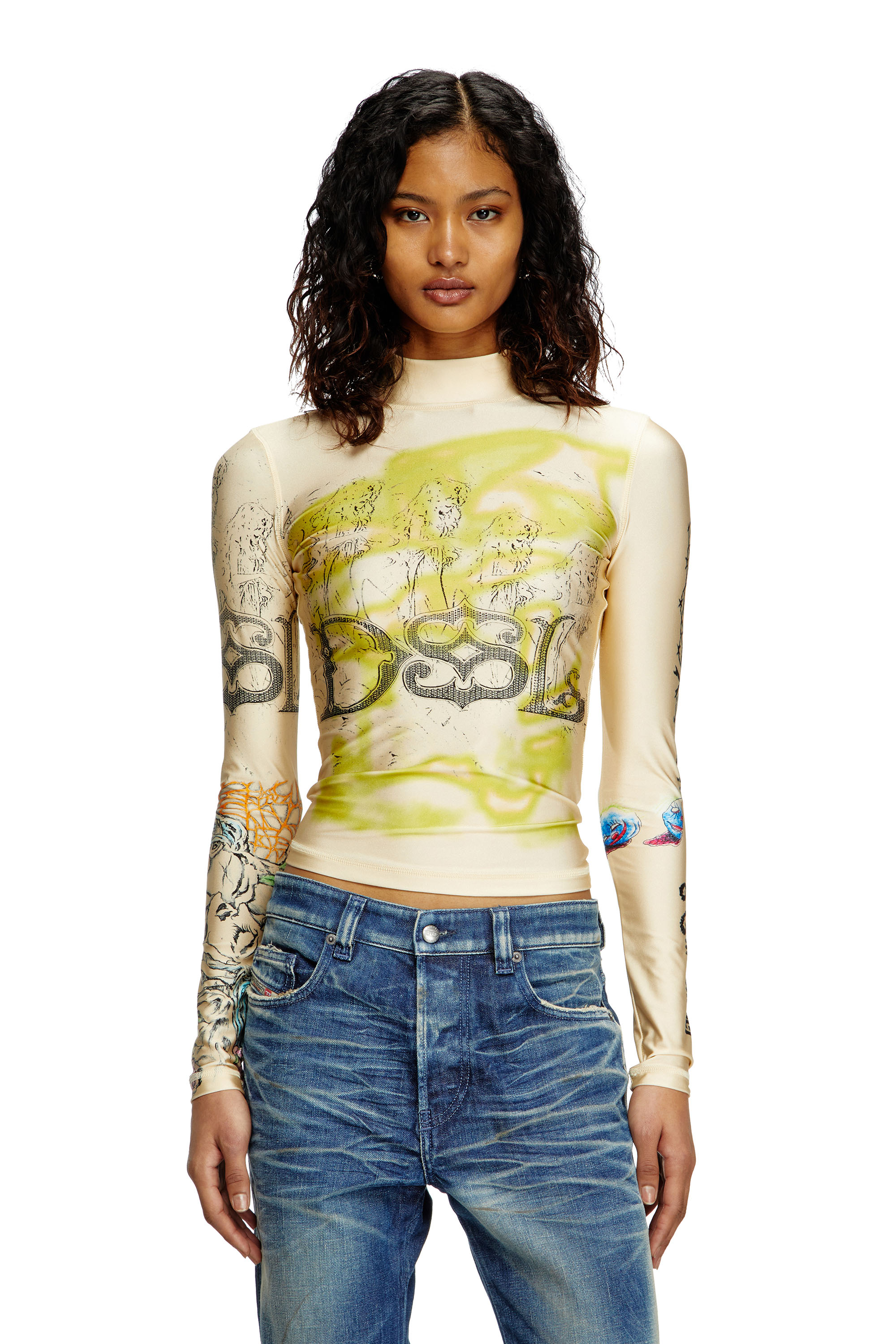 Diesel - T-IMUN, Top à col roulé avec imprimé tatouage Femme in Beige - 1