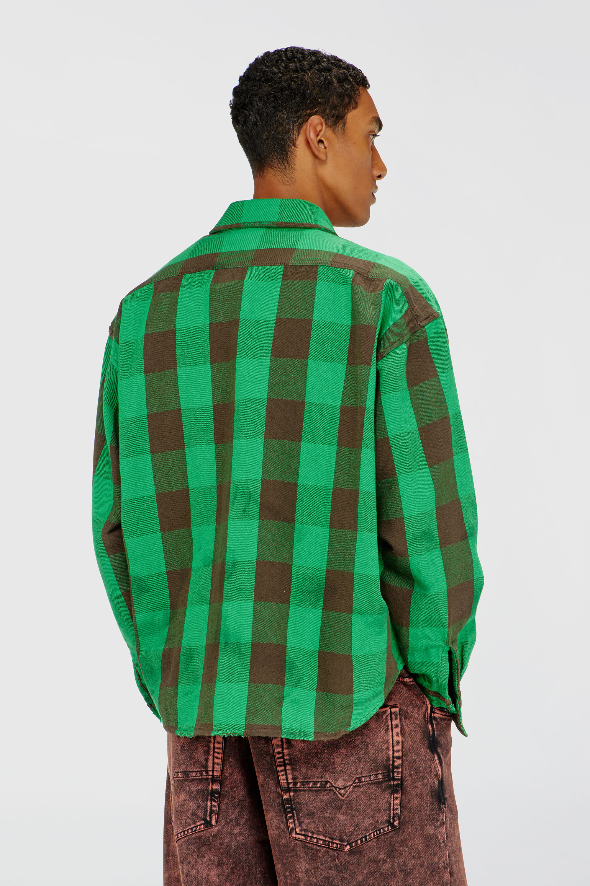 Diesel - S-DRUM, Man's Check flannel shirt with distressed effect in Brown/Green - 4