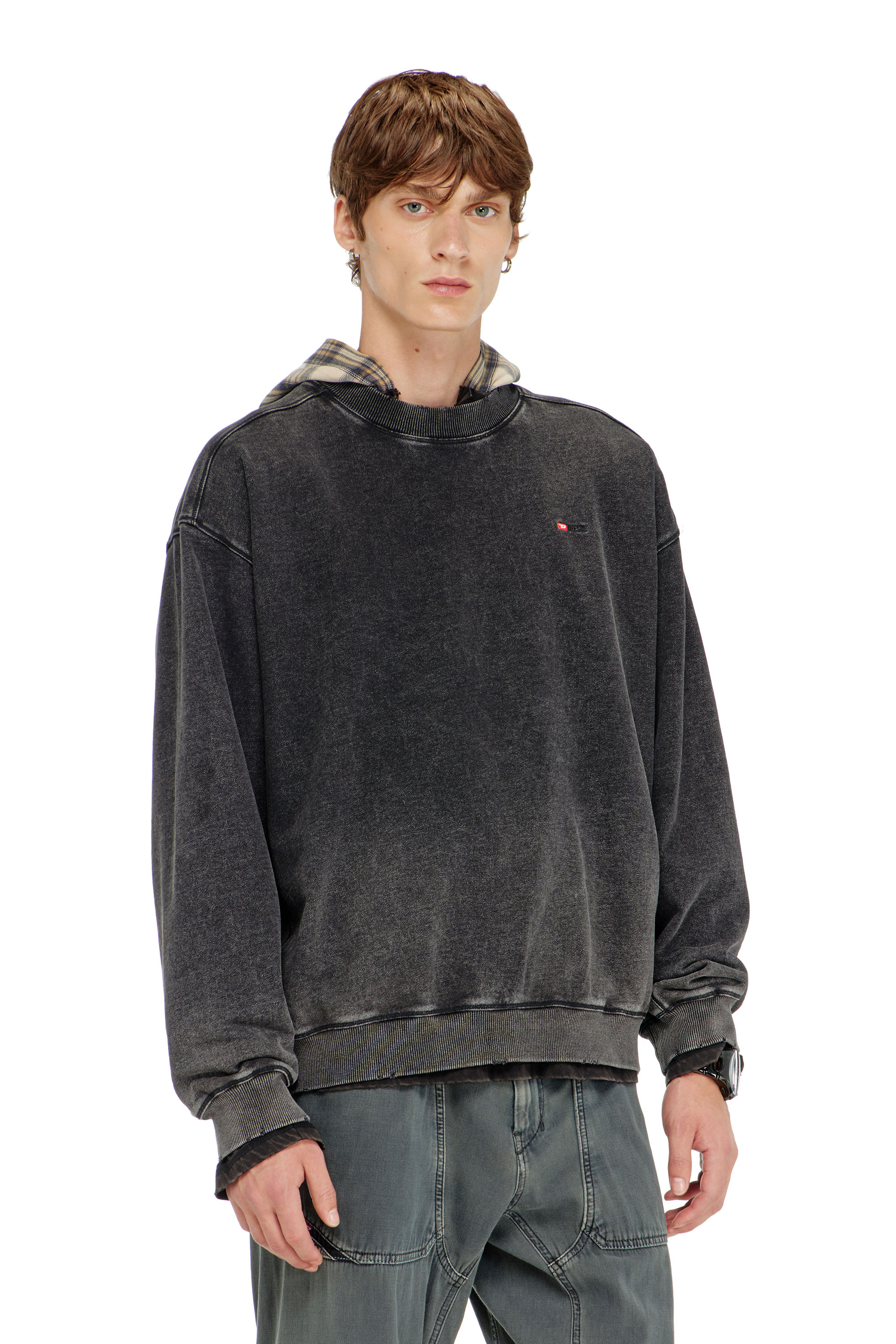 Diesel - S-CROX, Man's Cotton sweatshirt with faded effect in Dark grey - 1
