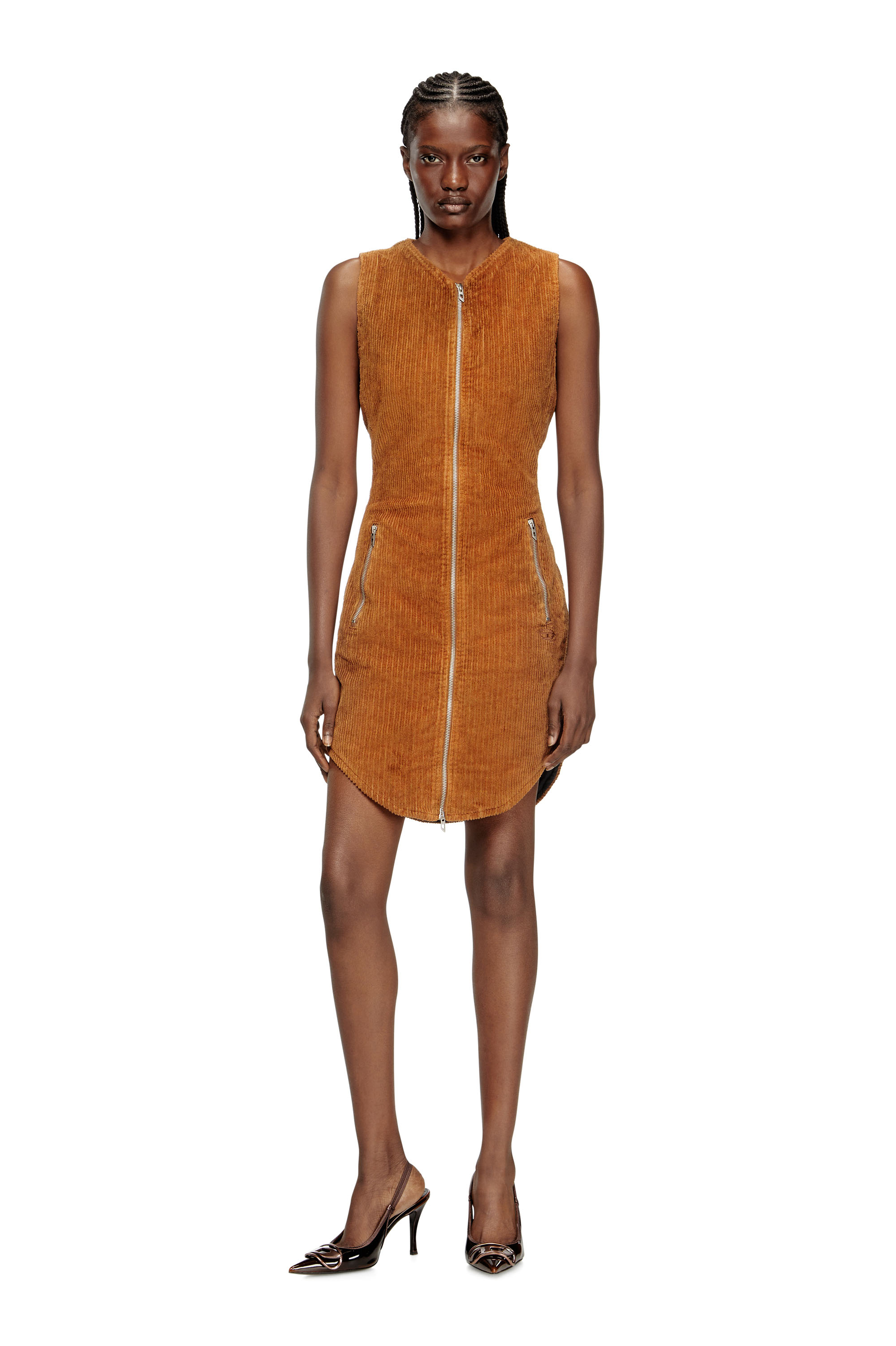 Diesel - D-ENEA, Mini abito in cotone con zip frontale Donna in Marrone - 1