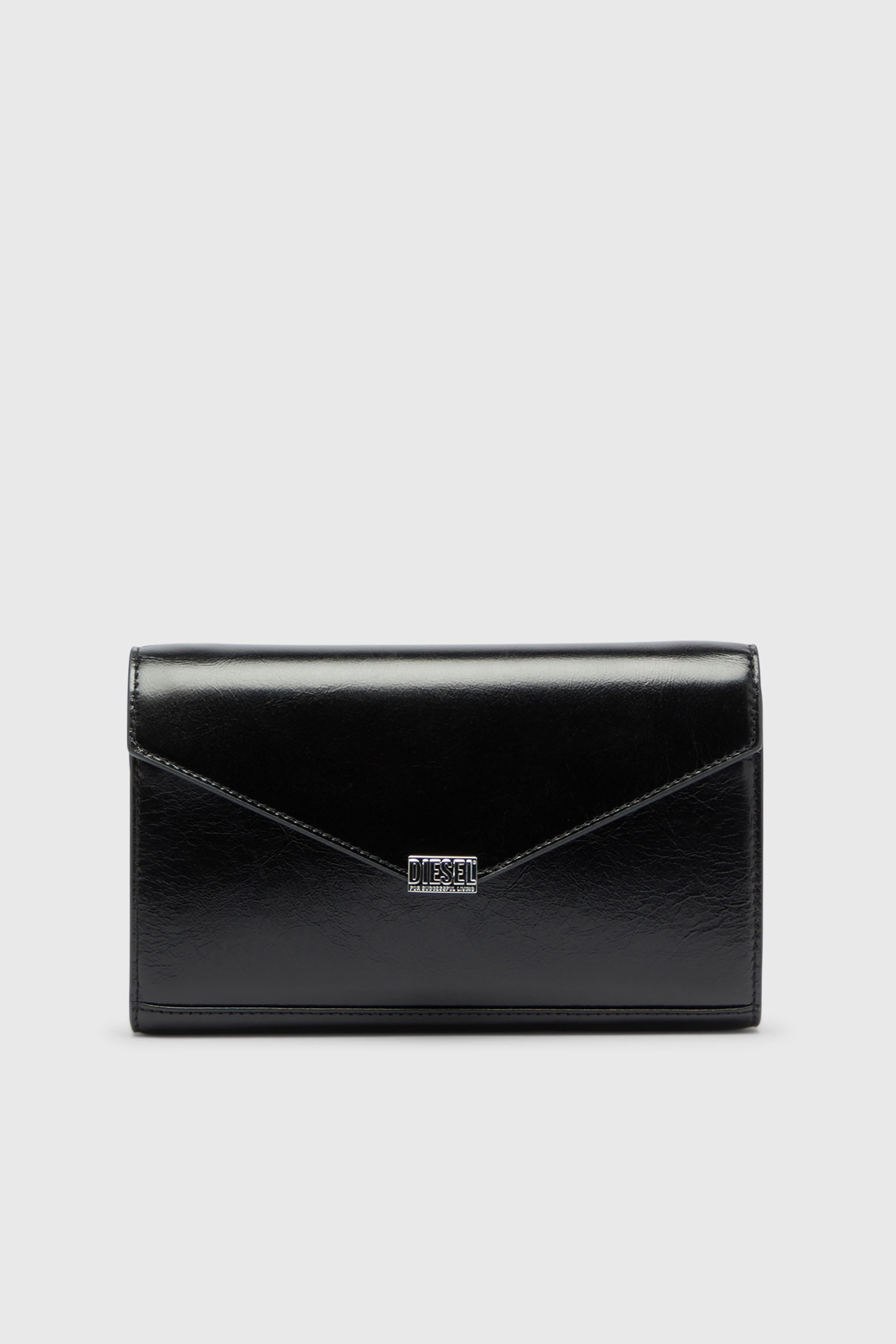 Diesel - D-ENVELOP WALLET ON CHAIN, Woman's Wallet purse in shiny wrinkled leather in Black - 1