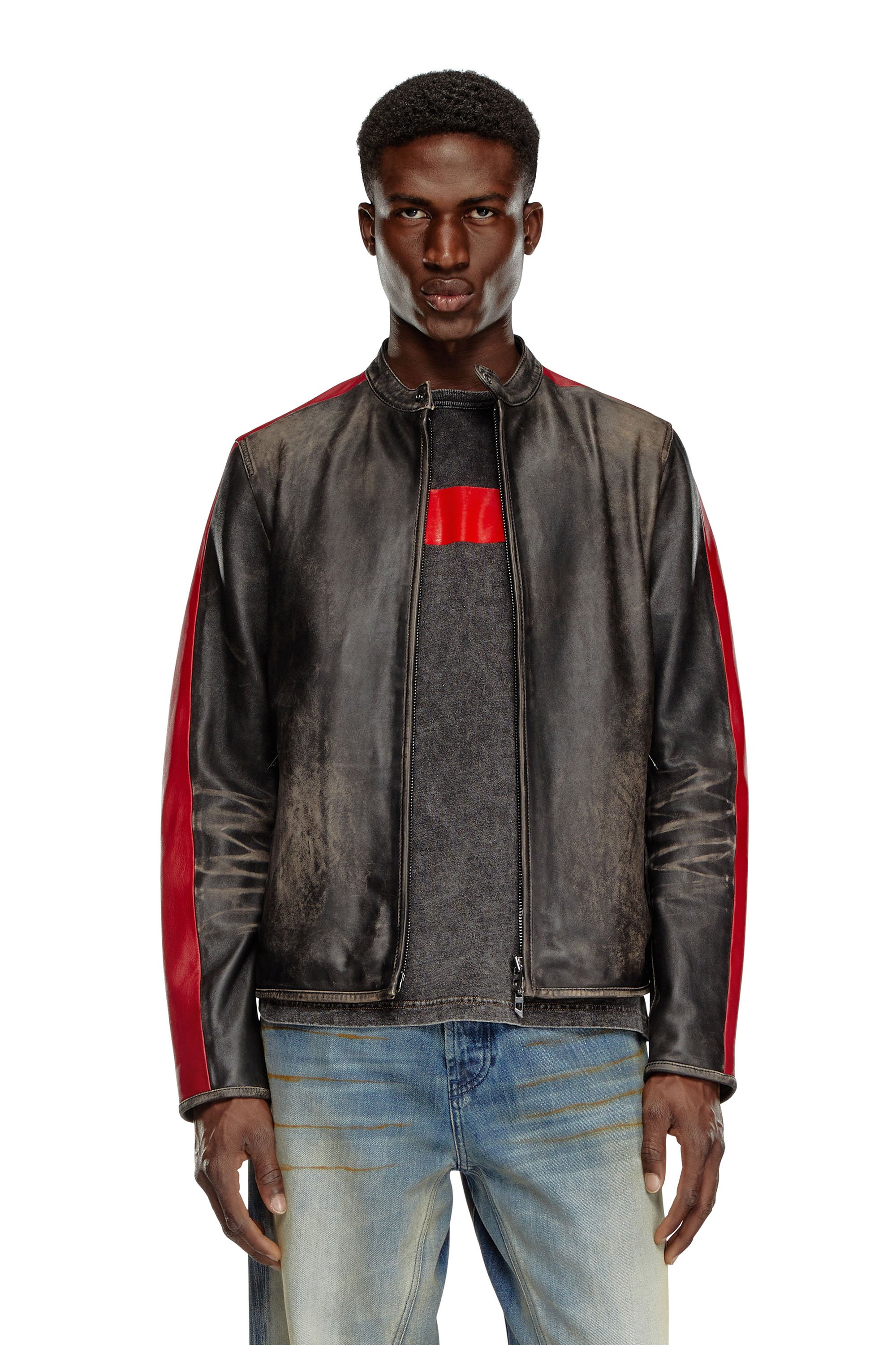 Diesel - L-RENN, Giacca in pelle con righe a contrasto Uomo in Multicolor - 1