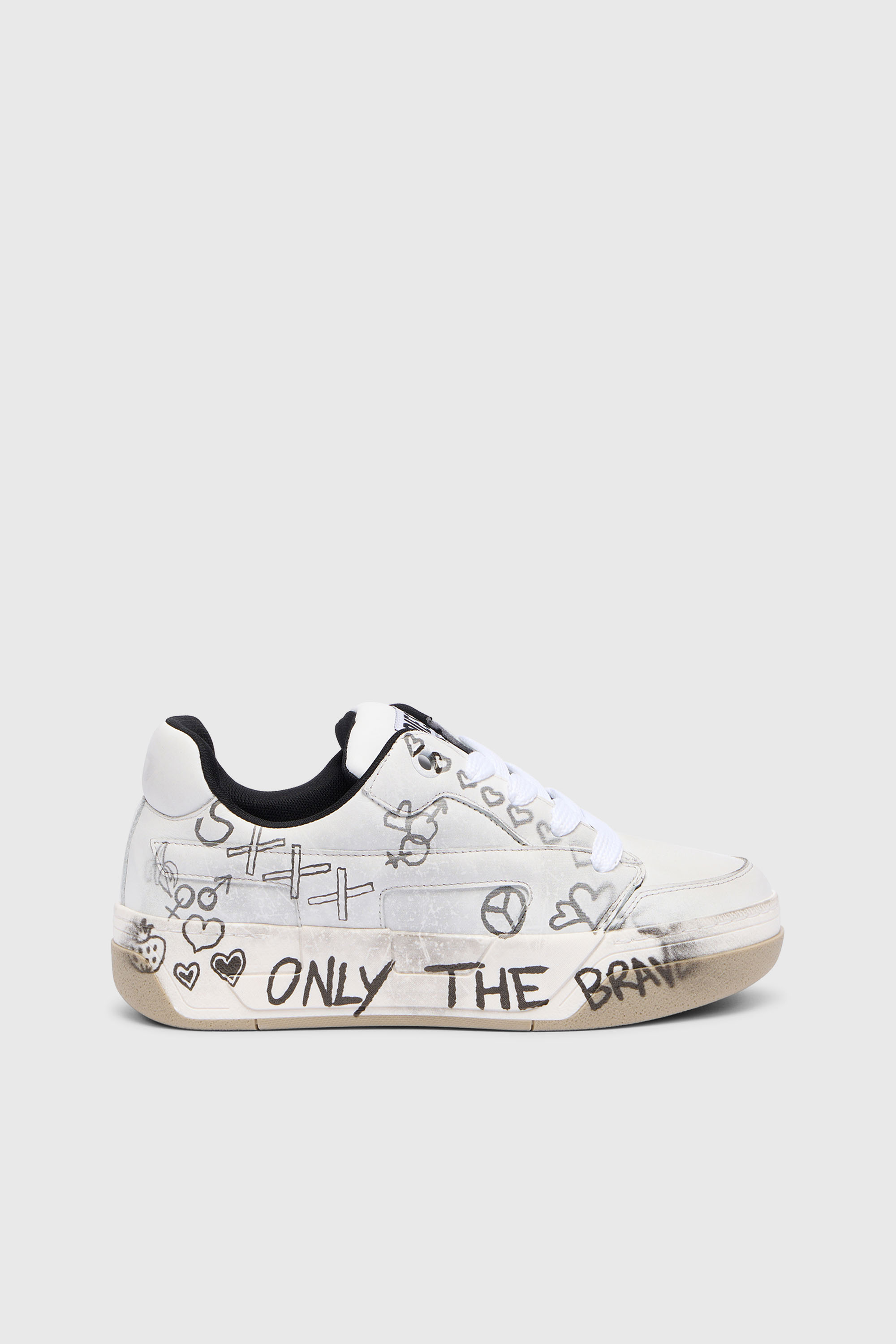Diesel - S-D-OLLIE LOW W, Damen D-Ollie-Ledersneaker mit Graffiti-Print in Wei&szlig;/Braun - 1