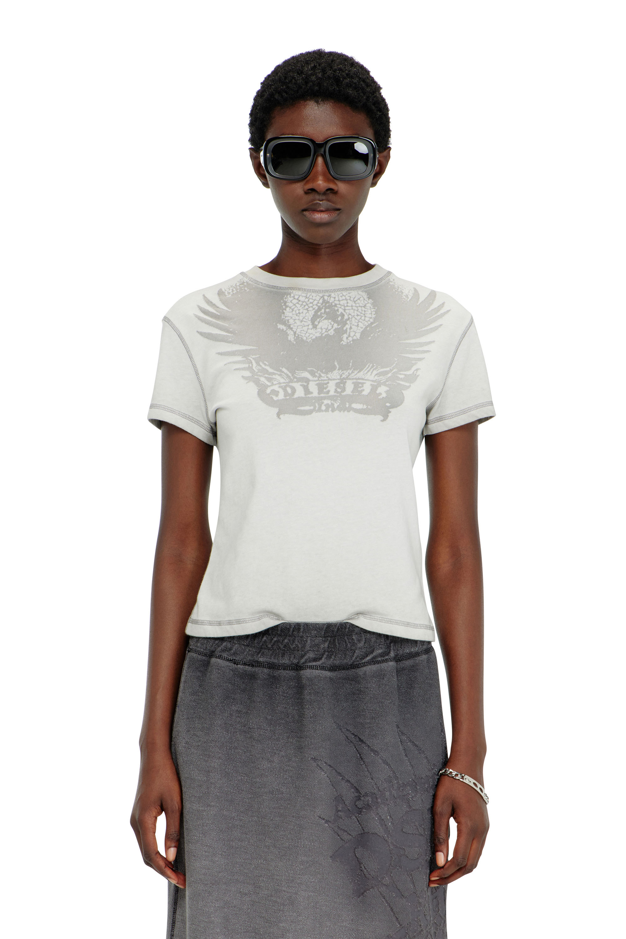 Diesel - O-BEAUTY, Gonna midi in felpa con stampa d&eacute;vor&eacute; Donna in Grigio - 2