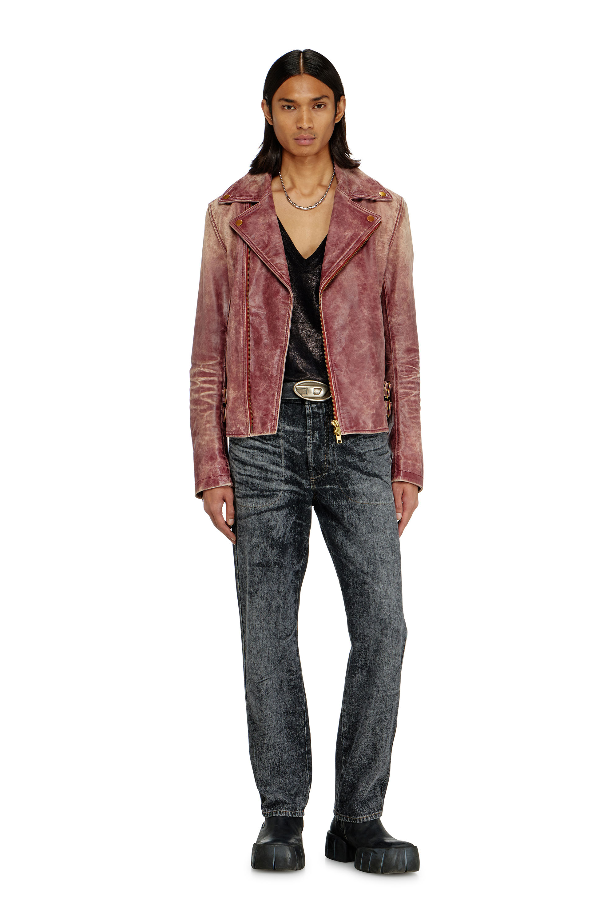 Diesel - L-EON-CJCM, Giacca biker in pelle lavorata Uomo in Rosso - 2