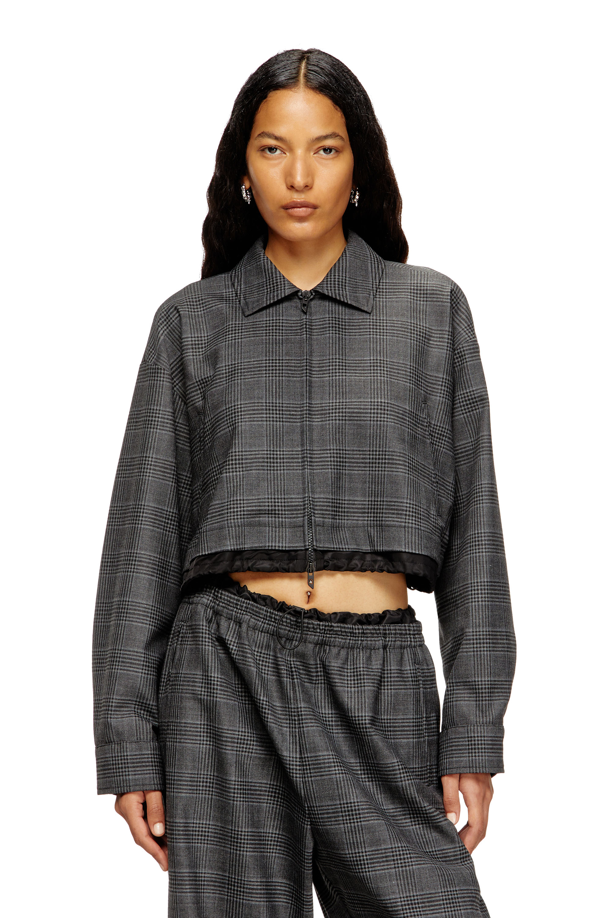 Diesel - J-TING-FEM, Damen Verkürzte Coach-Jacke aus Prince-of-Wales-Wollmischung in Schwarz - 3