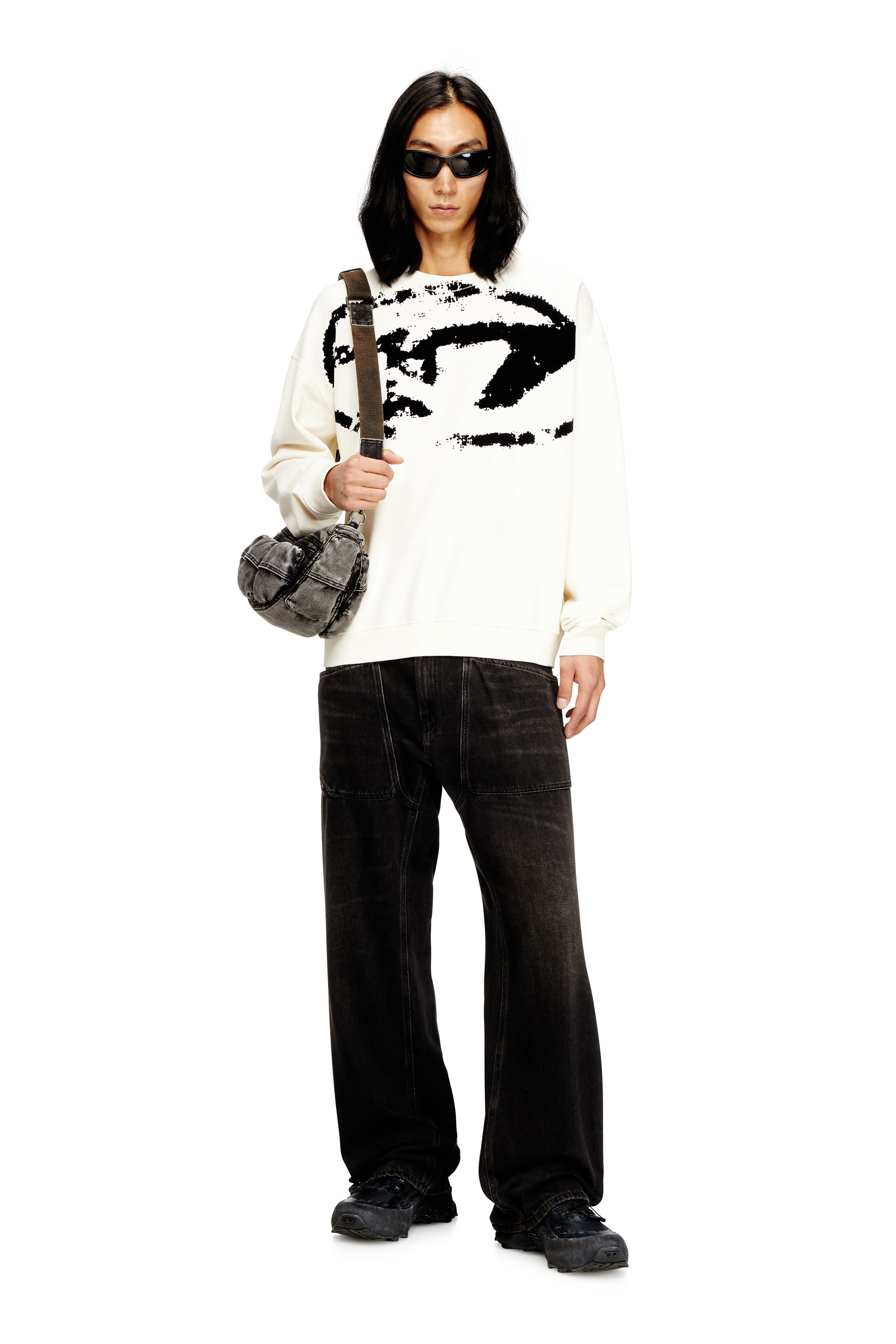 Diesel - S-BOXT-N5, Man's Sweatshirt with distressed flocked logo in White/Black - 1