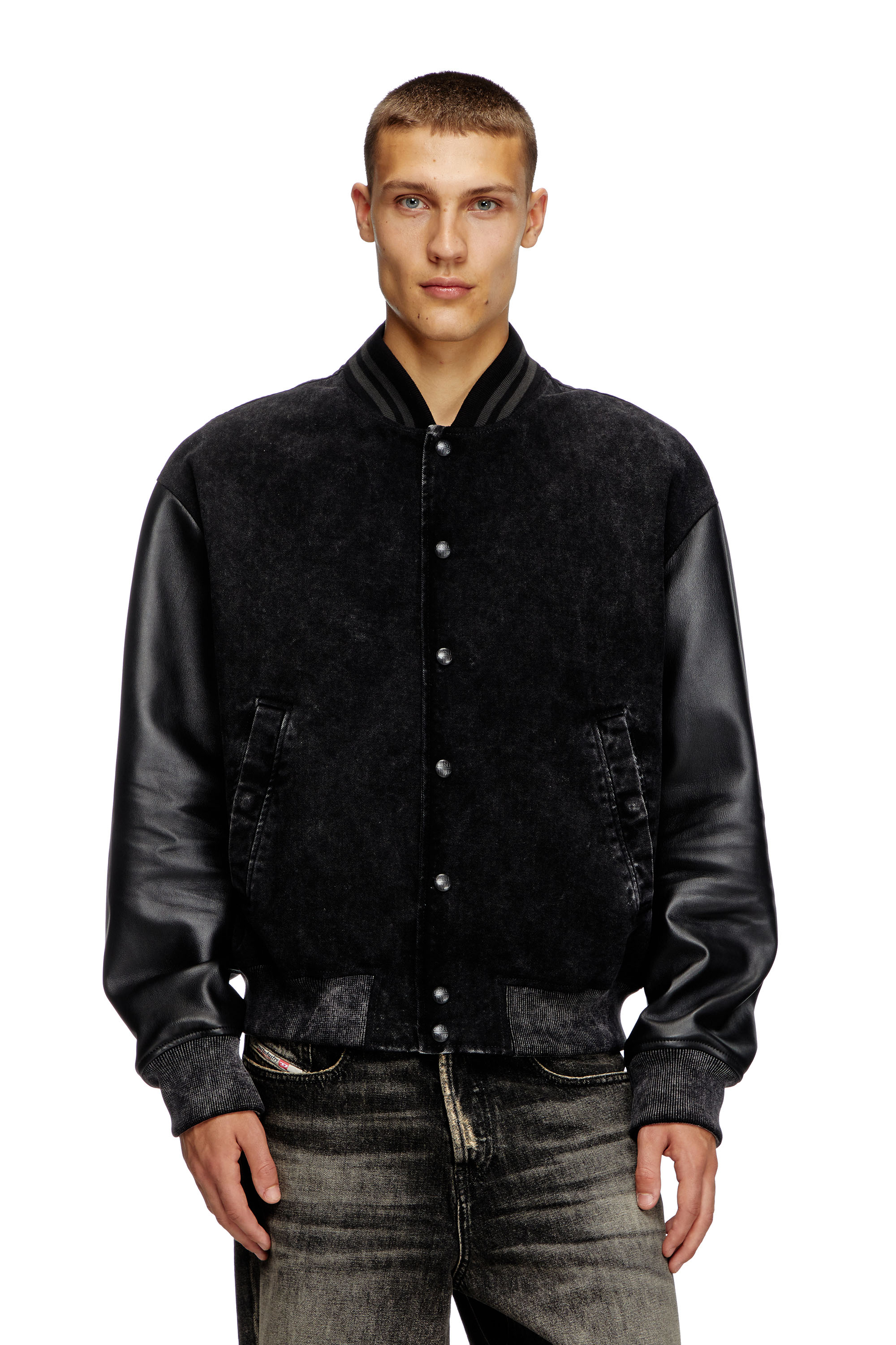 Diesel - L-NYN, Veste bomber en denim et cuir Homme in Noir - 1