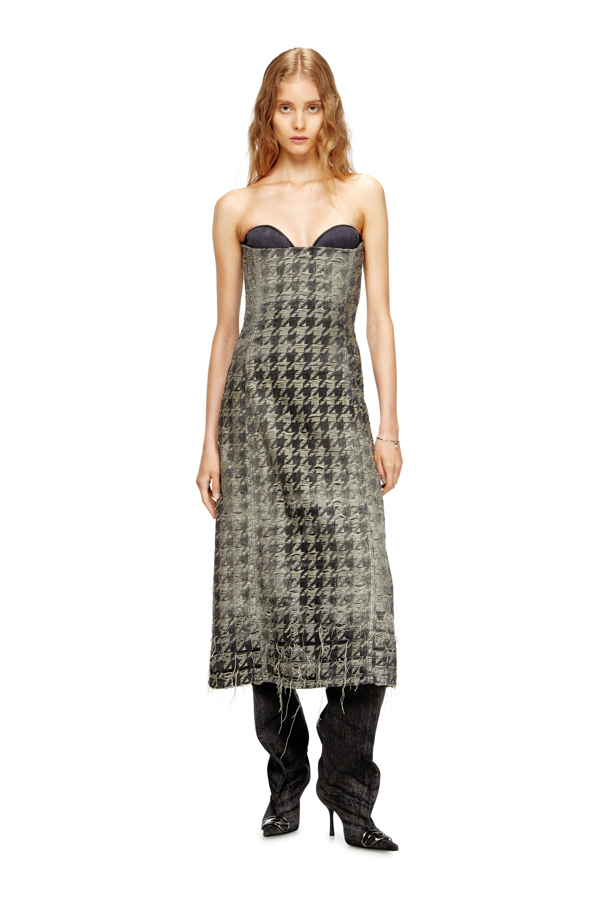 DE-OLIVIA-FSH, Nero/Bianco Diesel - DE-OLIVIA-FSH, Abito midi in denim con trama pied-de-poule Donna in Multicolor - 1