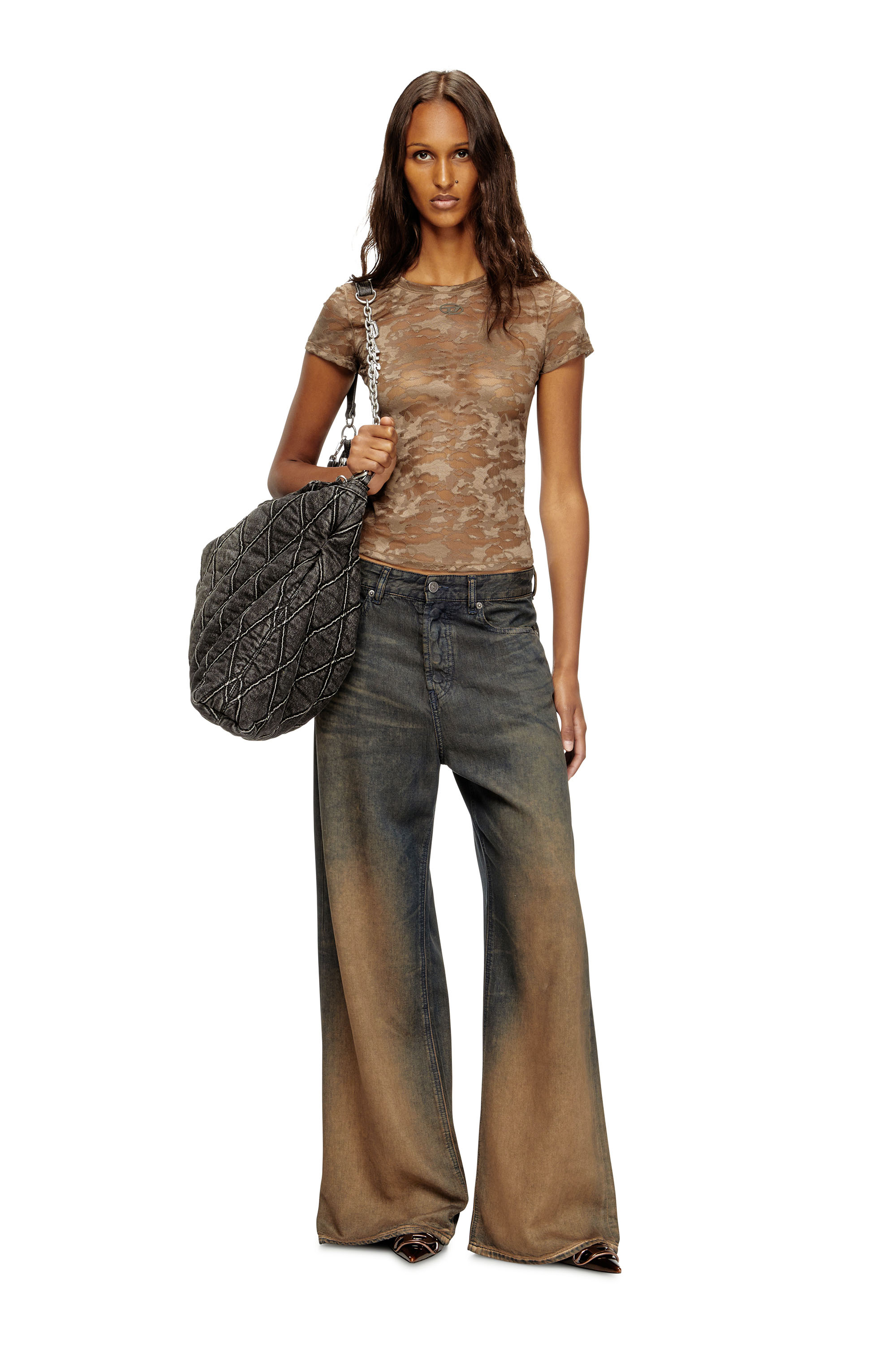 Diesel - KASIA-UTLT, T-shirt in pizzo camouflage Donna in Marrone - 6