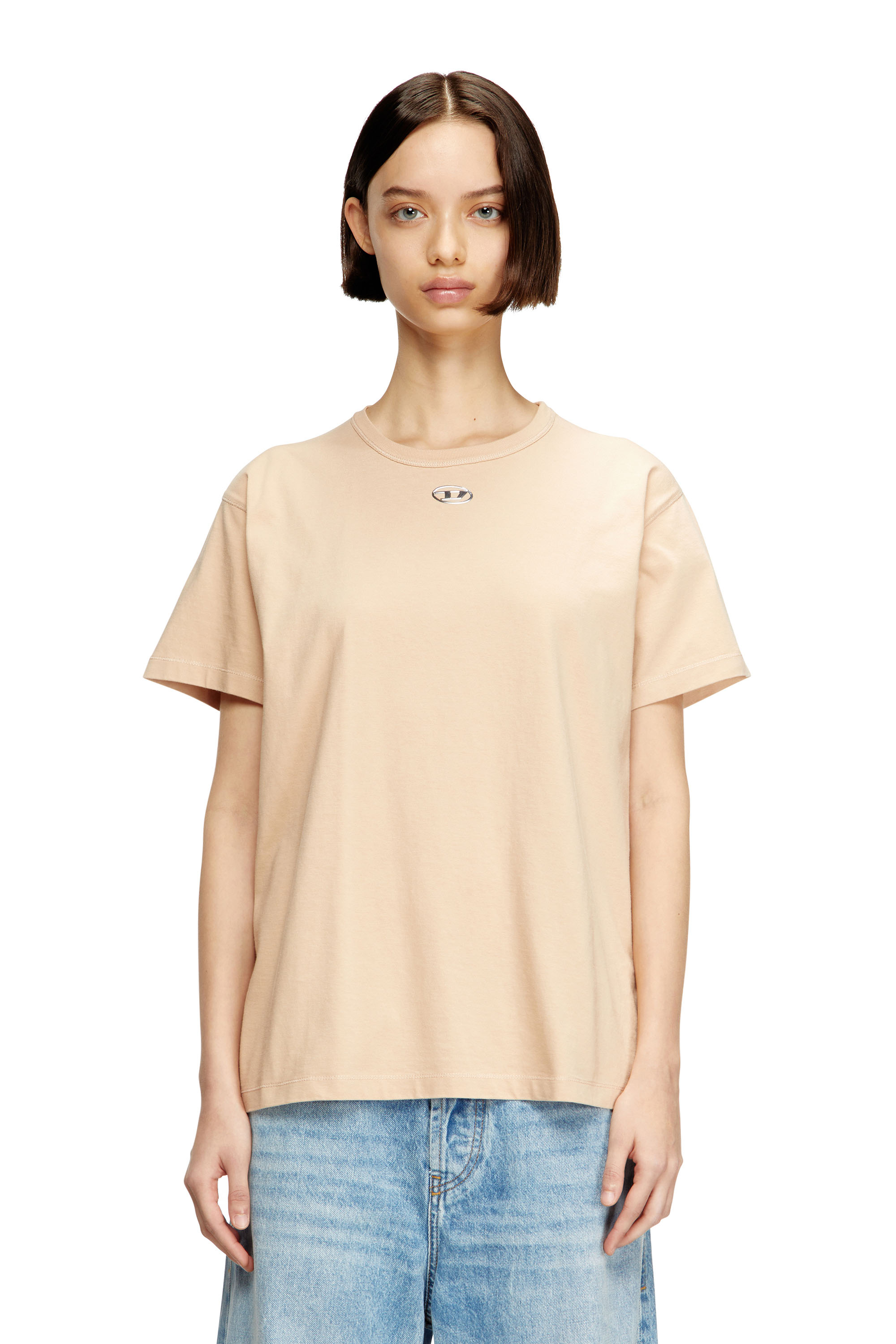 Diesel - T-NORMY-OD-S1, Damen Baumwoll-T-Shirt mit metallischem Oval D in Beige - 1