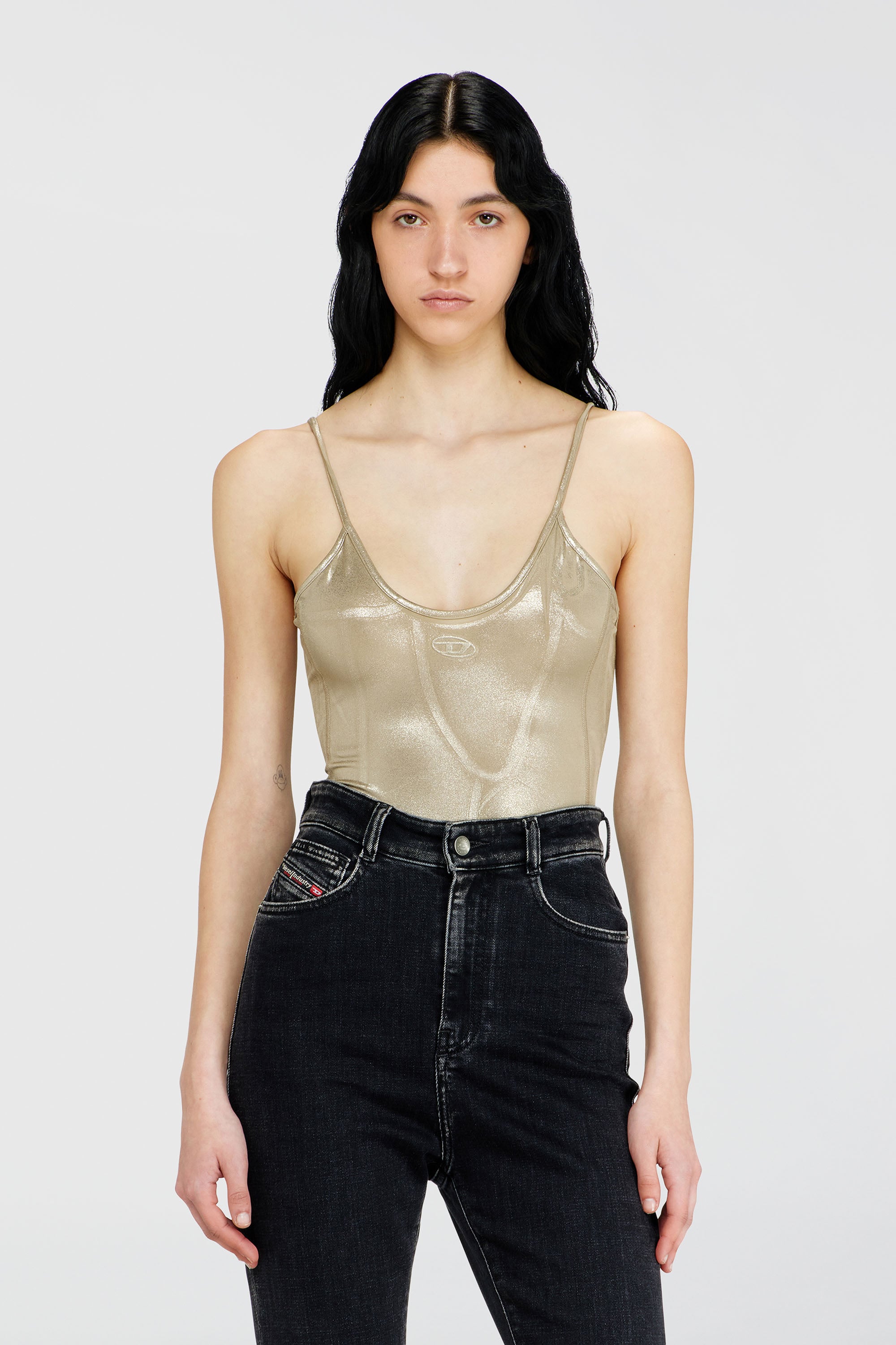 Diesel - T-IMYNY, Body in jersey lucido con girocollo Donna in Oro - 1