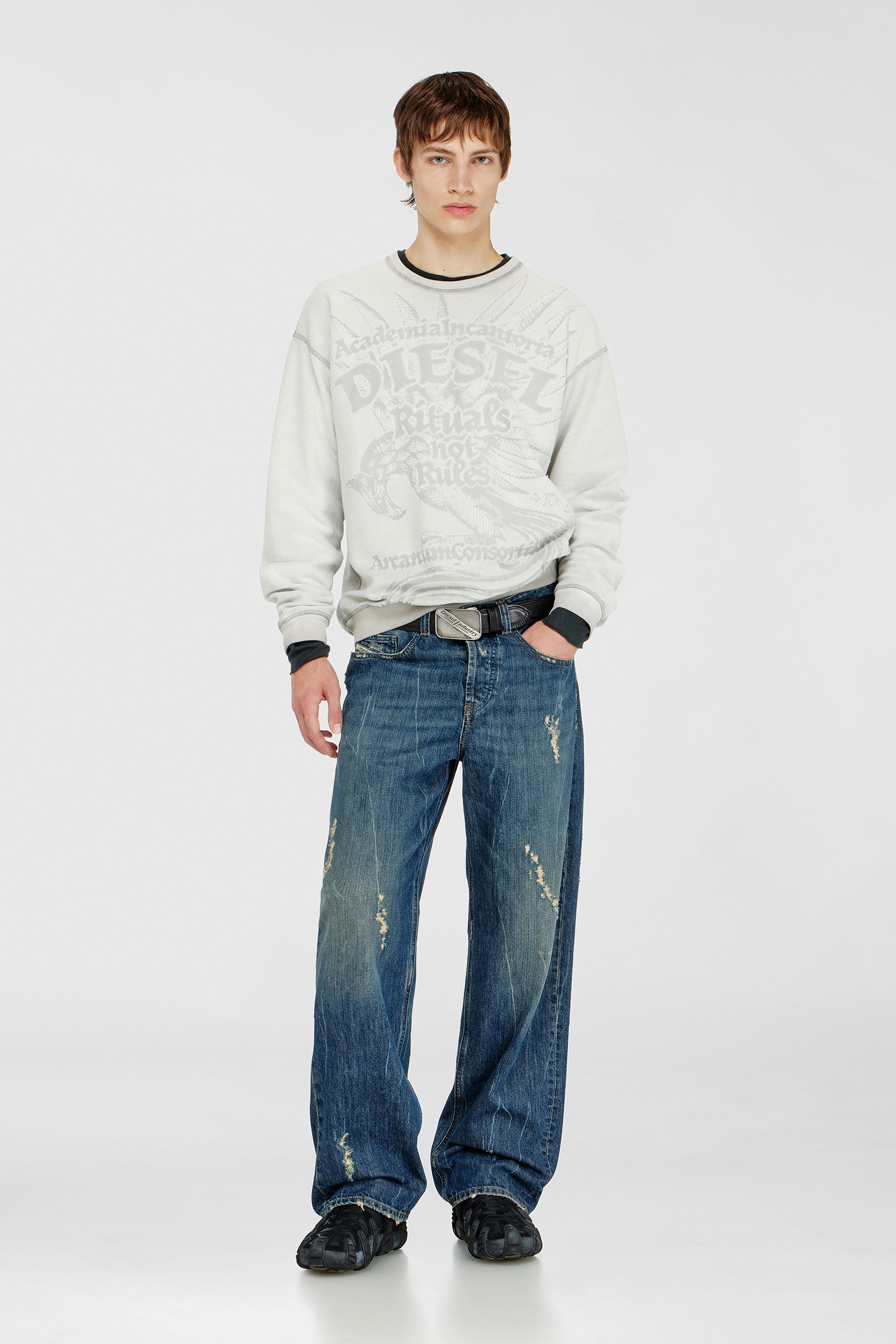 Diesel - S-ARON-RAW, Felpa con stampa d&eacute;vor&eacute; Uomo in Grigio - 2