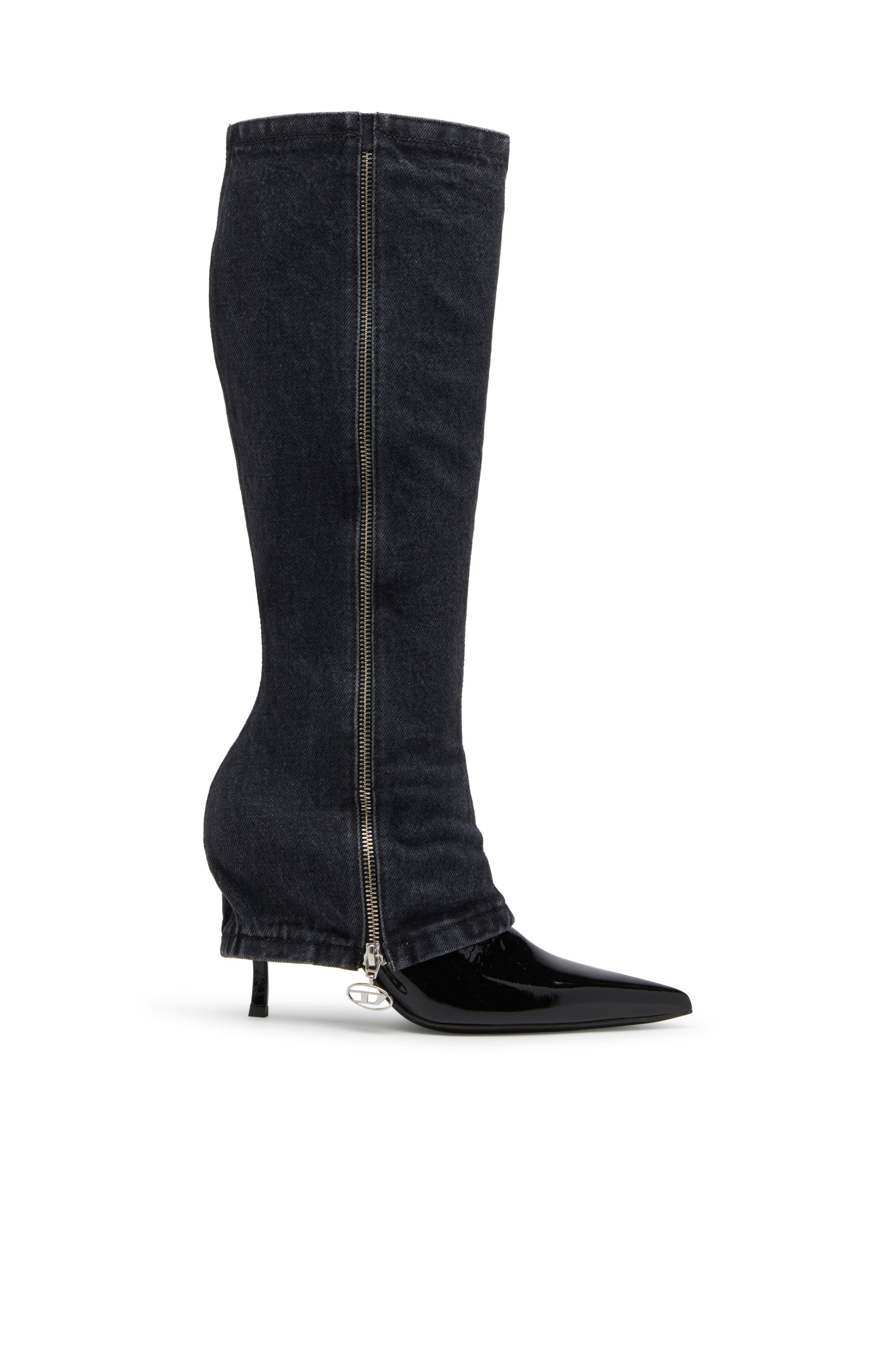 D-VENUS TWISTED BOOT, Black Diesel - D-VENUS TWISTED BOOT, Woman's D-Venus-Stiletto knee boots with jean trompe l'oeil in Black - 1