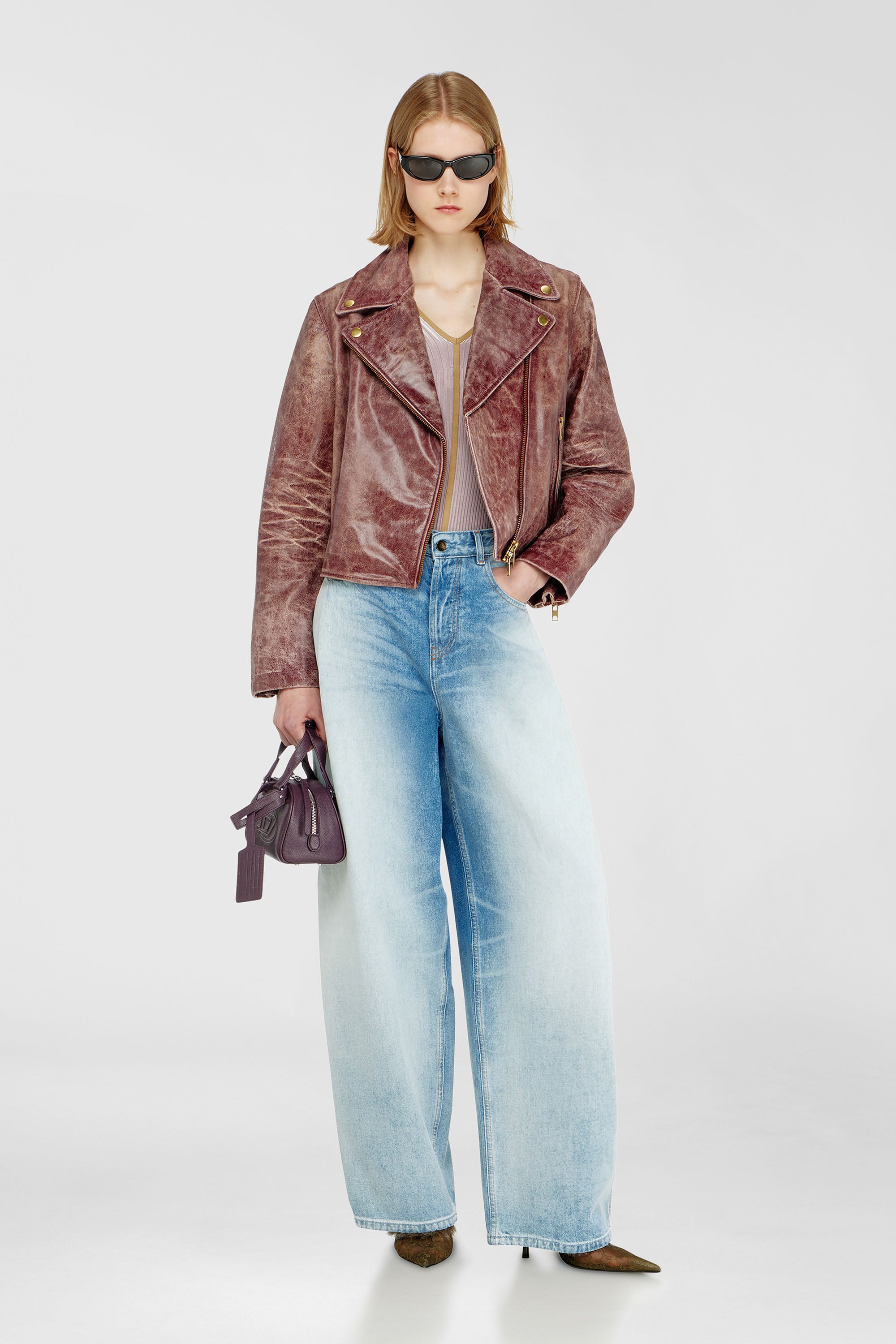 Diesel - L-UNATIC-T1, Giacca biker in pelle lavorata Donna in Rosso - 2