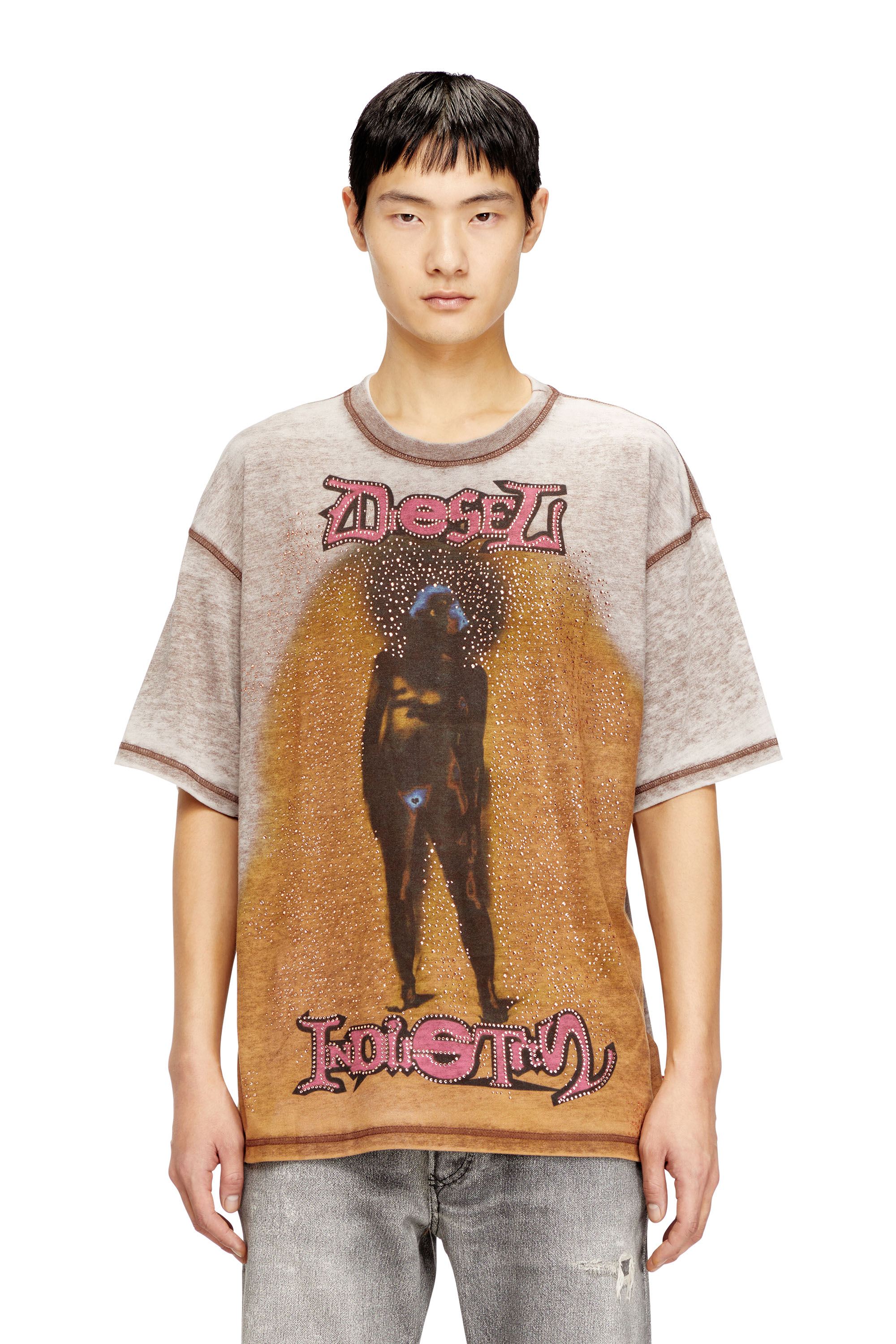 Diesel - T-BOXT-V12, Herren Entspanntes T-Shirt mit Druck und Nieten in Hellbraun - 1