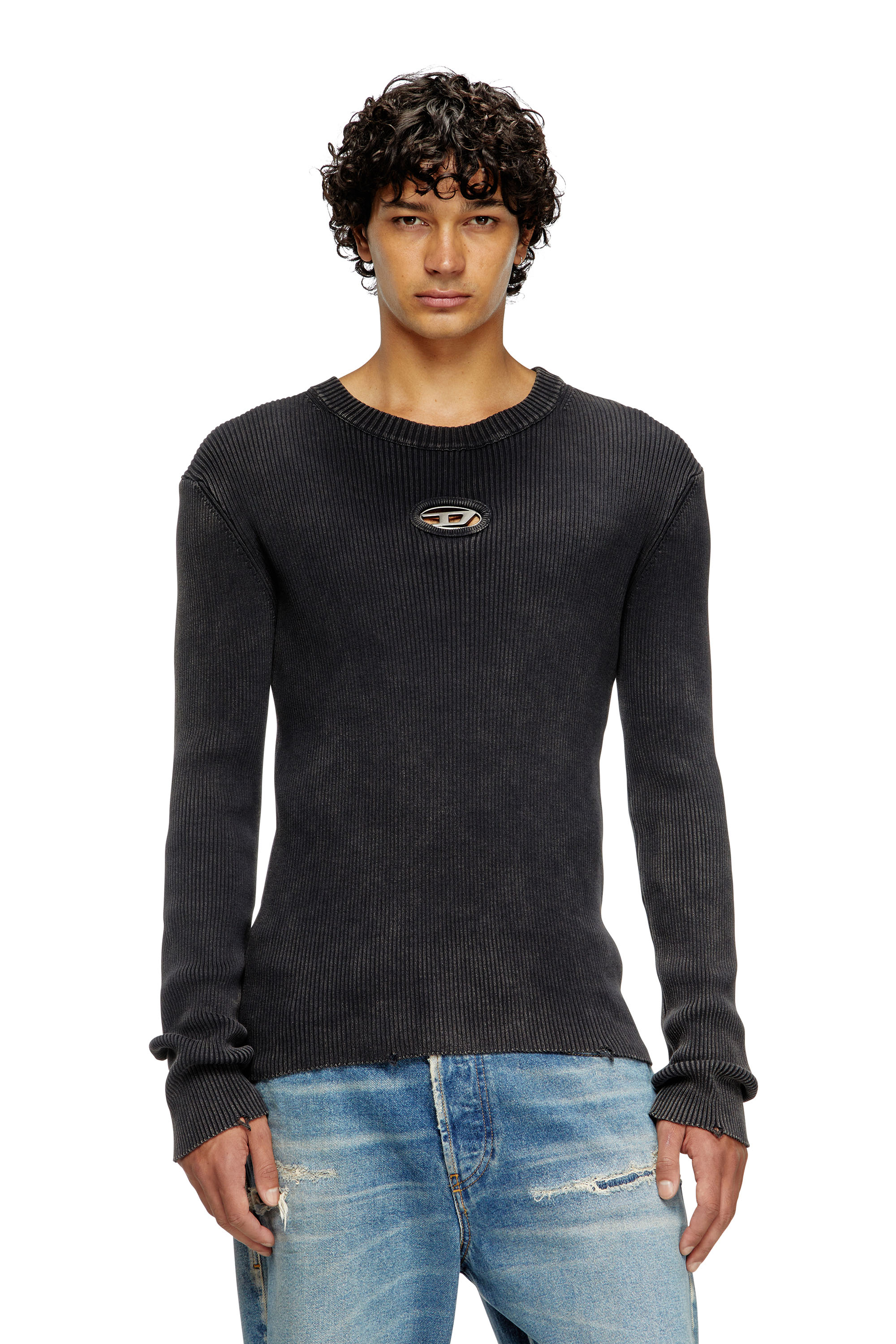 Diesel - K-DARIN-D, Pull effet vieilli avec logo cut-out Homme in Noir - 3