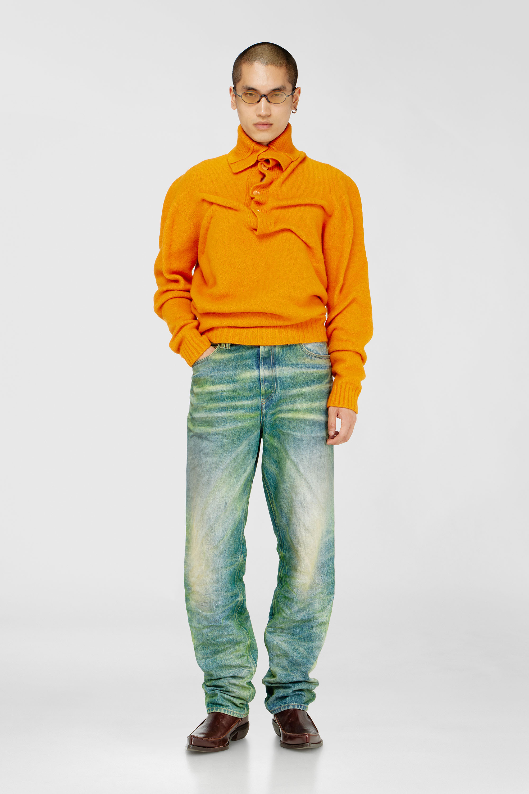 Diesel - K-ANDREW, Man's Button-neck jumper in wrinkled boiled knit in Orange - 1
