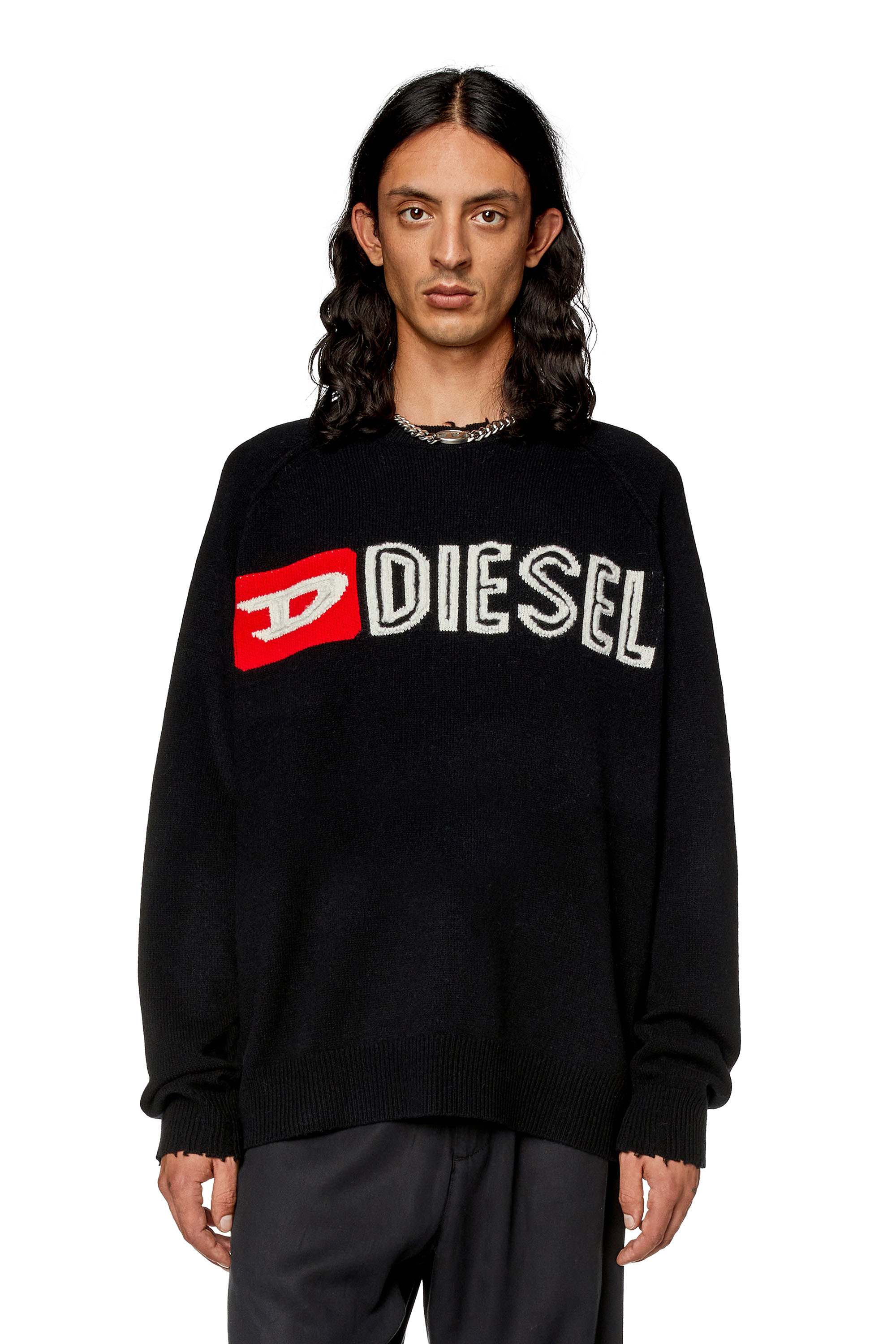 Diesel - K-SARIA-B, Homme Pull à col rond en laine avec logo découpé in Noir - Image 1