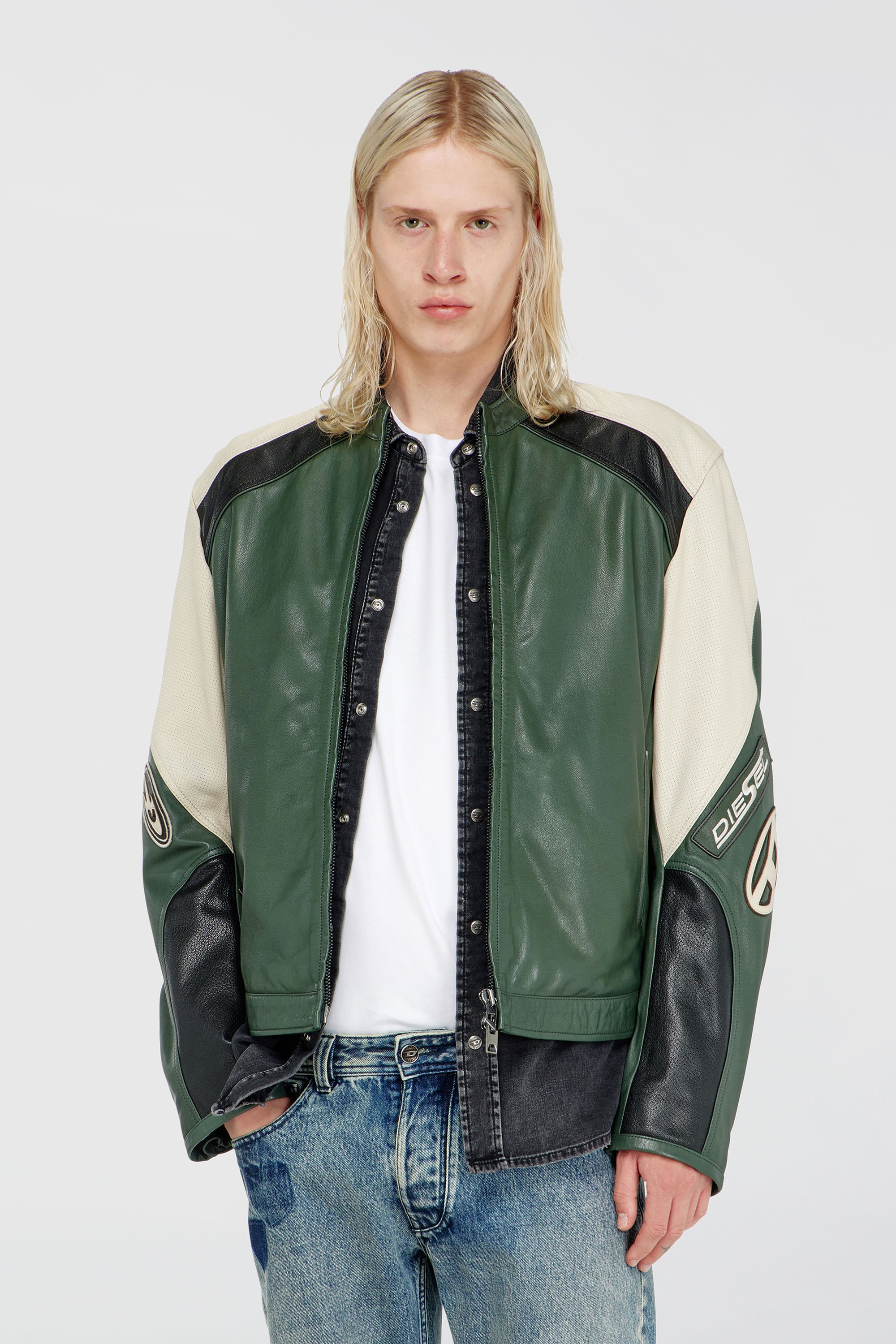 Diesel - L-AHTI, Herren Bikerjacke aus perforiertem Colour-Block-Leder in Beige/Schwarz - 1