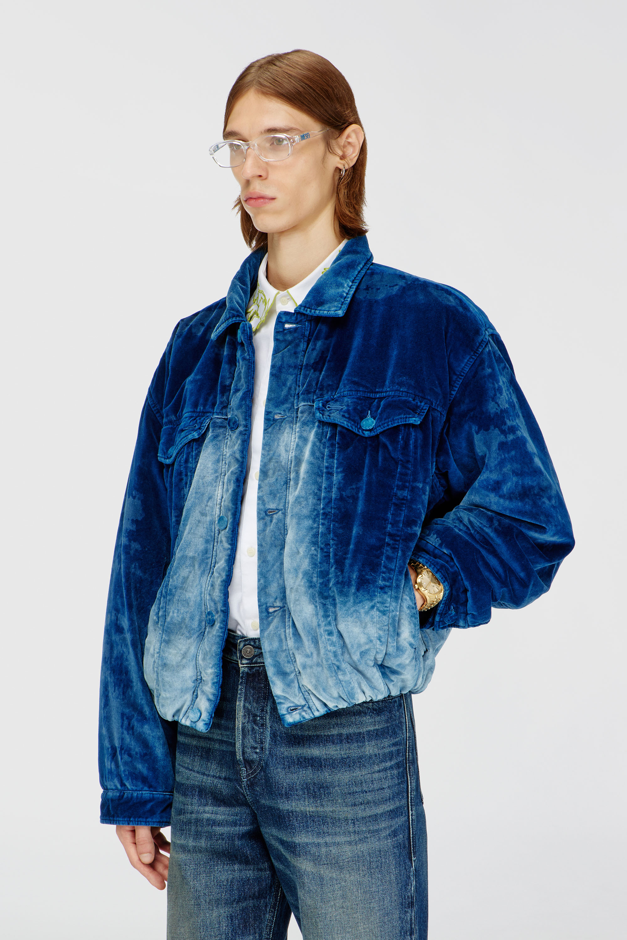 Diesel - D-MORVI-FSJ, Herren Elastische Truckerjacke aus Samt-Denim in Dunkelblau - 1