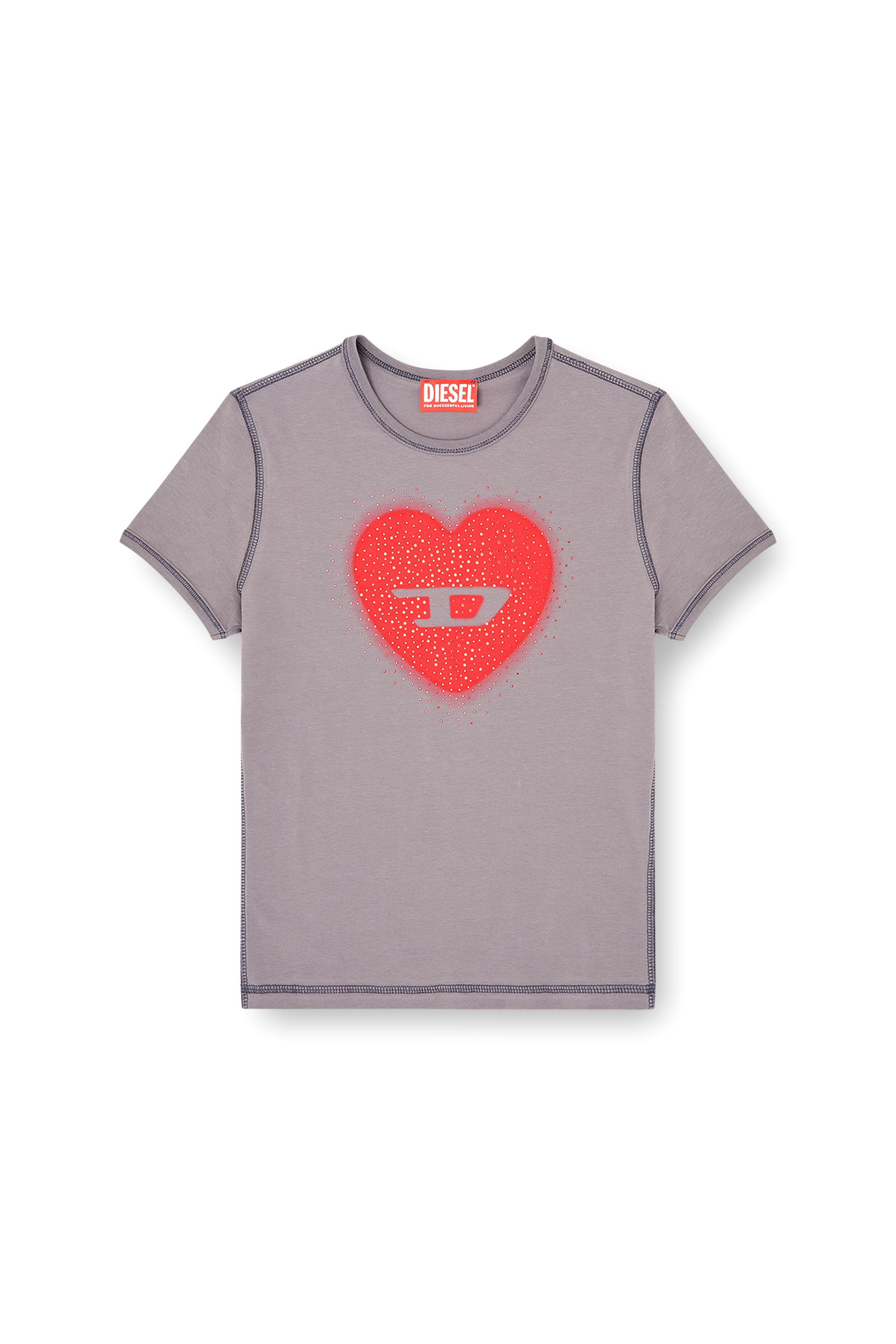 Diesel - T-UNCUTIES-LONG-S5, T-shirt slim con stampa a cuore e borchie Donna in Grigio - 3
