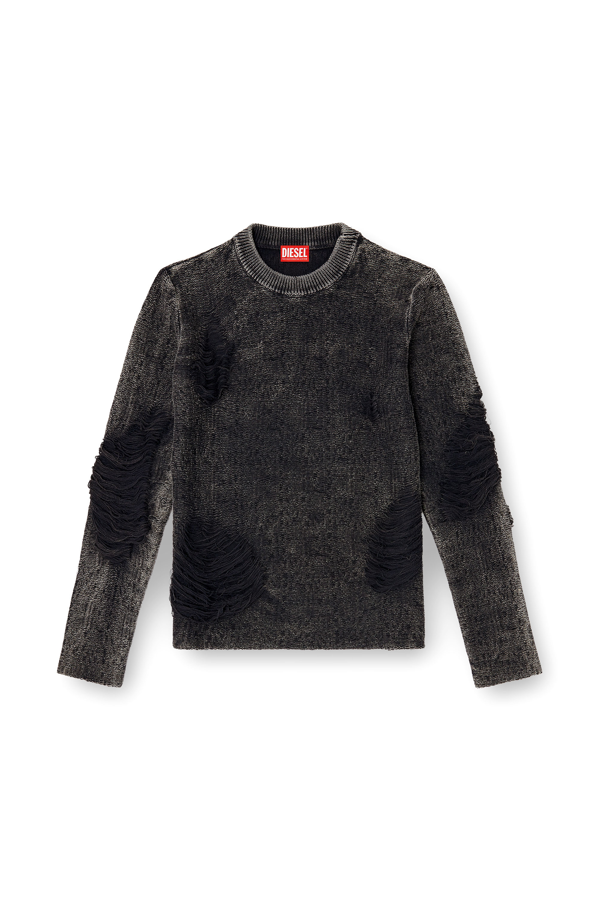Diesel - K-FJORDI-ROUND, Maglione destroyed con fili fluttuanti Uomo in Nero - 2