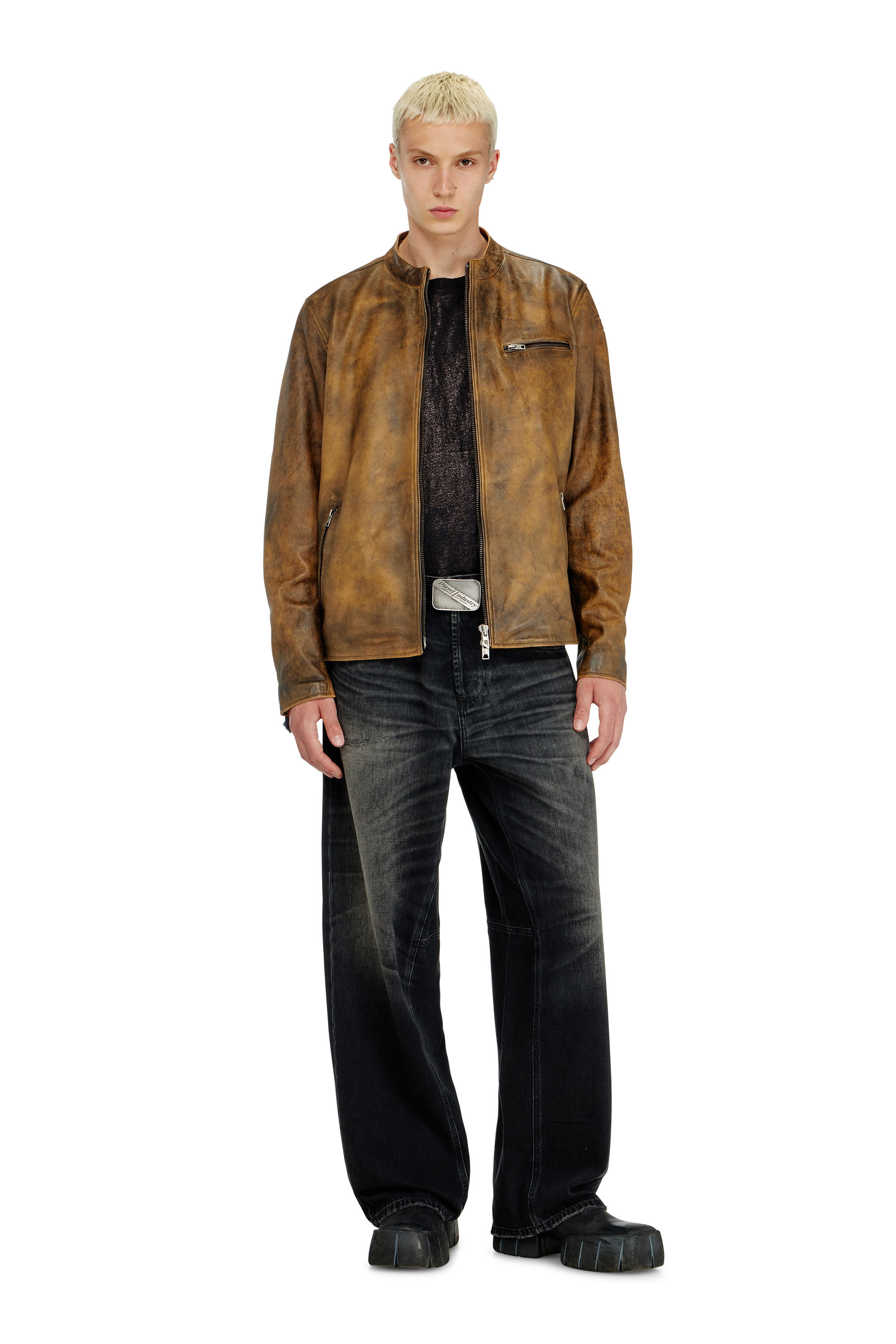 Diesel - L-ZAD-KNCZ, Biker jacket en cuir trait&eacute; Homme in ToBeDefined - 1